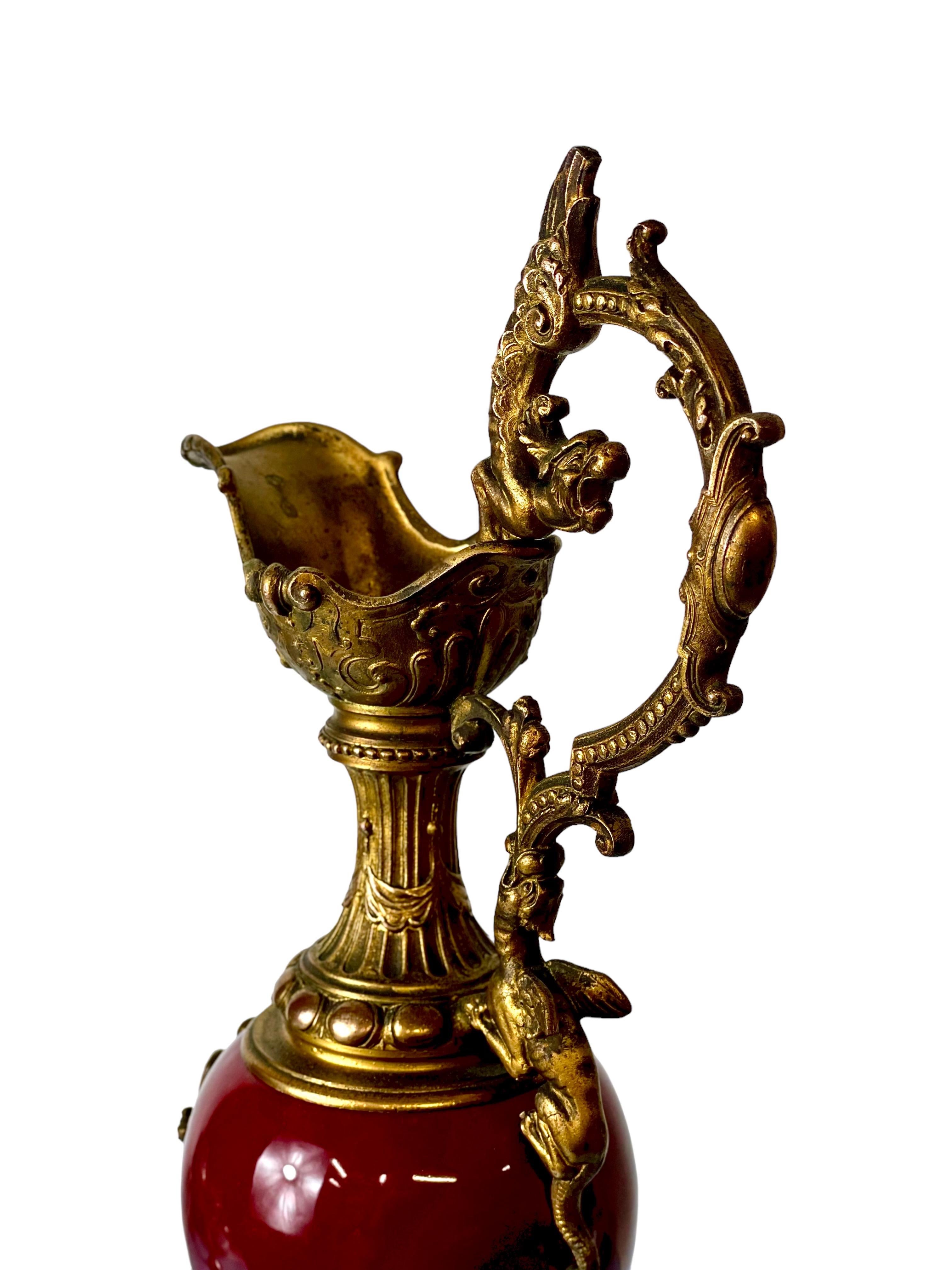 Red Ceramic and Gilt Bronze Antique Ewer Urn For Sale 2