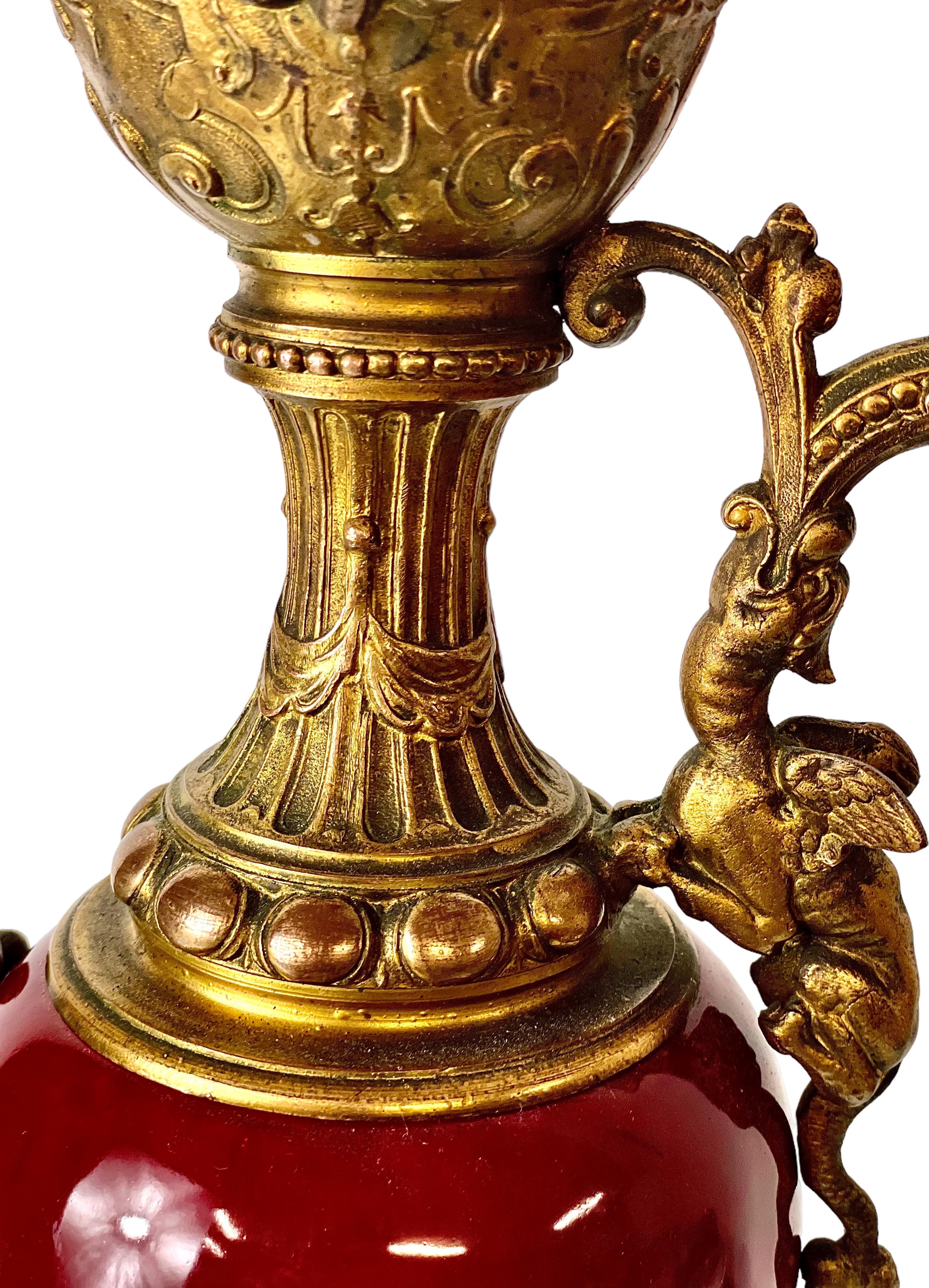 Red Ceramic and Gilt Bronze Antique Ewer Urn For Sale 3