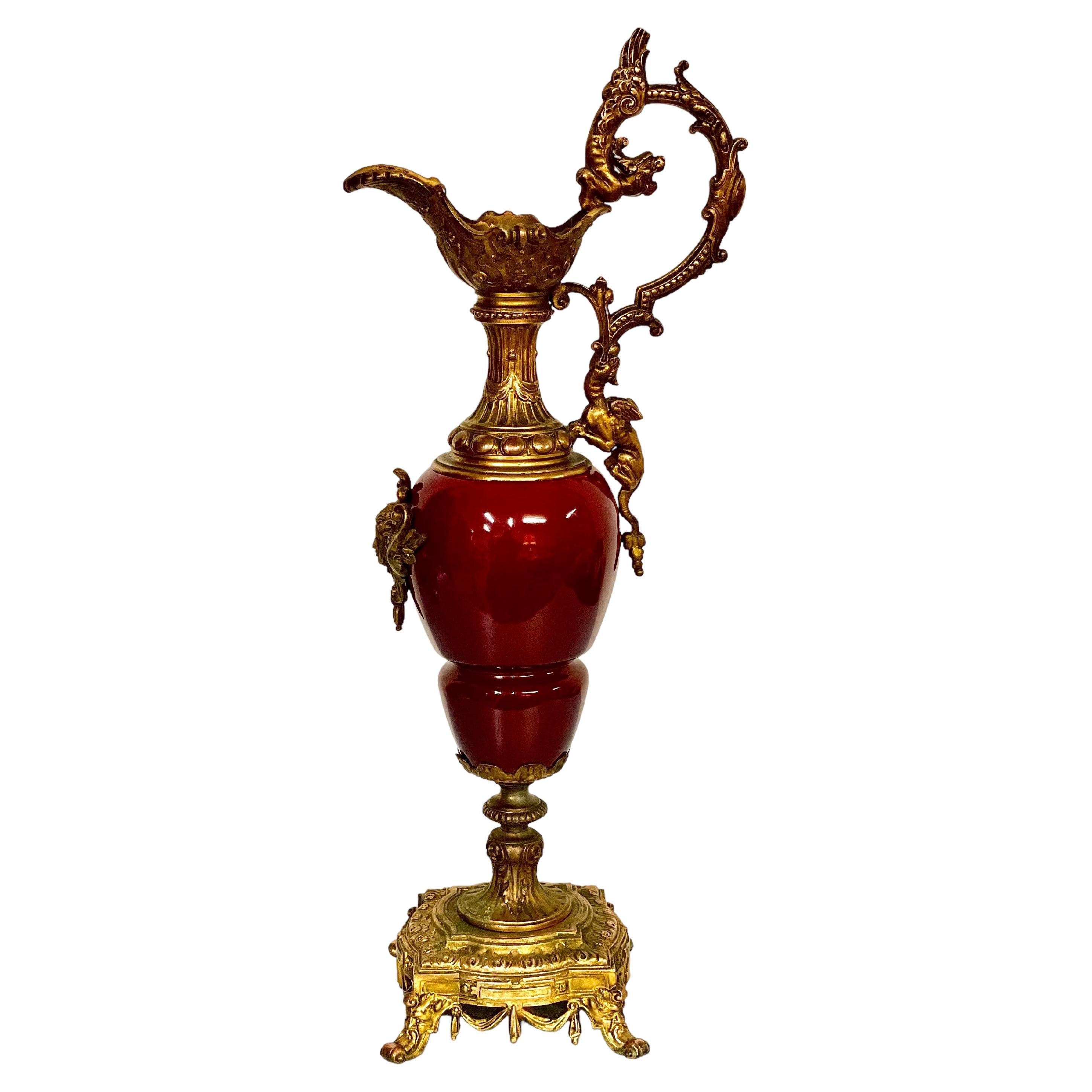 Red Ceramic and Gilt Bronze Antique Ewer Urn For Sale