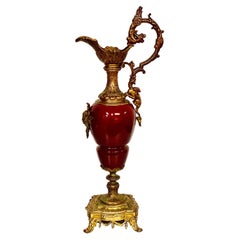 Red Ceramic and Gilt Bronze Antique Ewer Urn