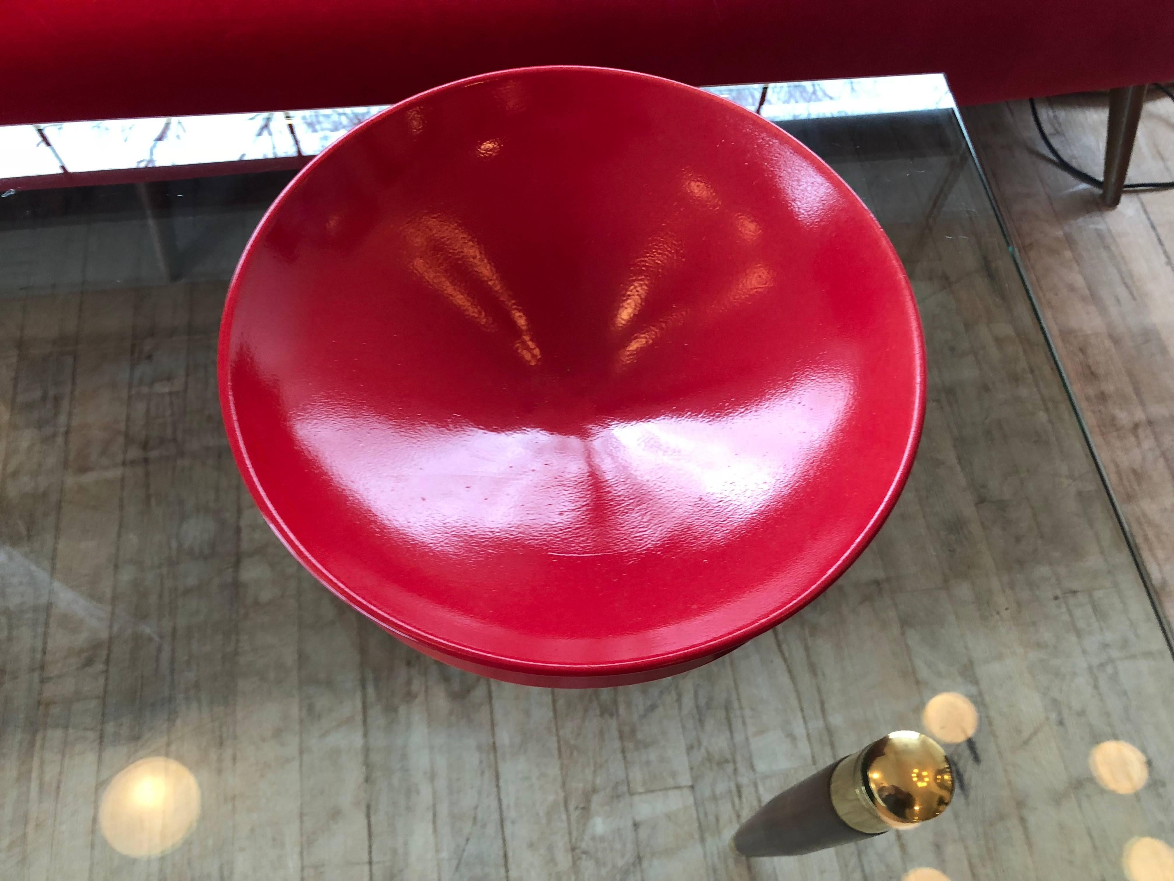Hand thrown ceramic bowl with revlon red glaze.