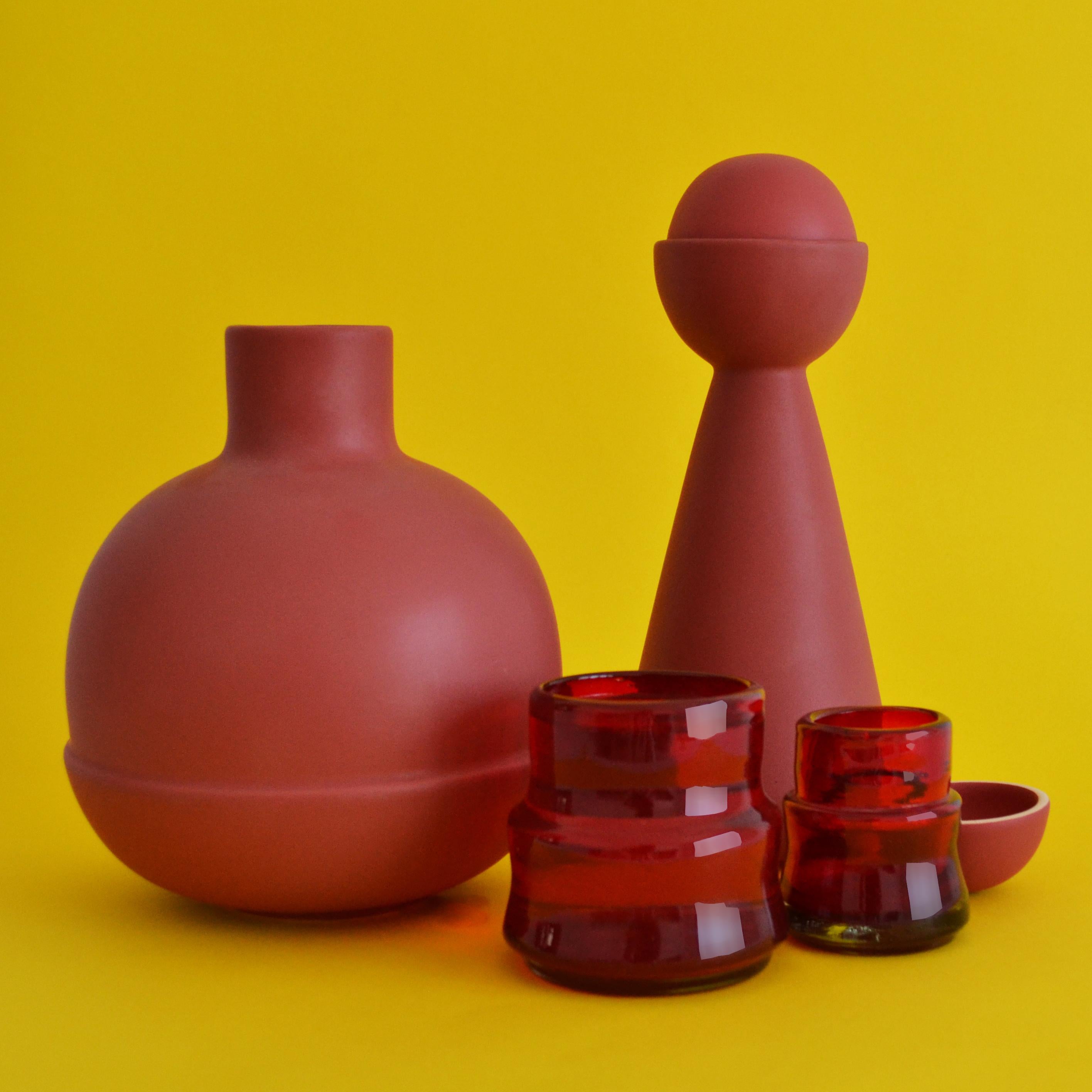 Mexican RED Ceramic Carafe and Cups Inspired in traditional Pitchers from Mexico.  For Sale