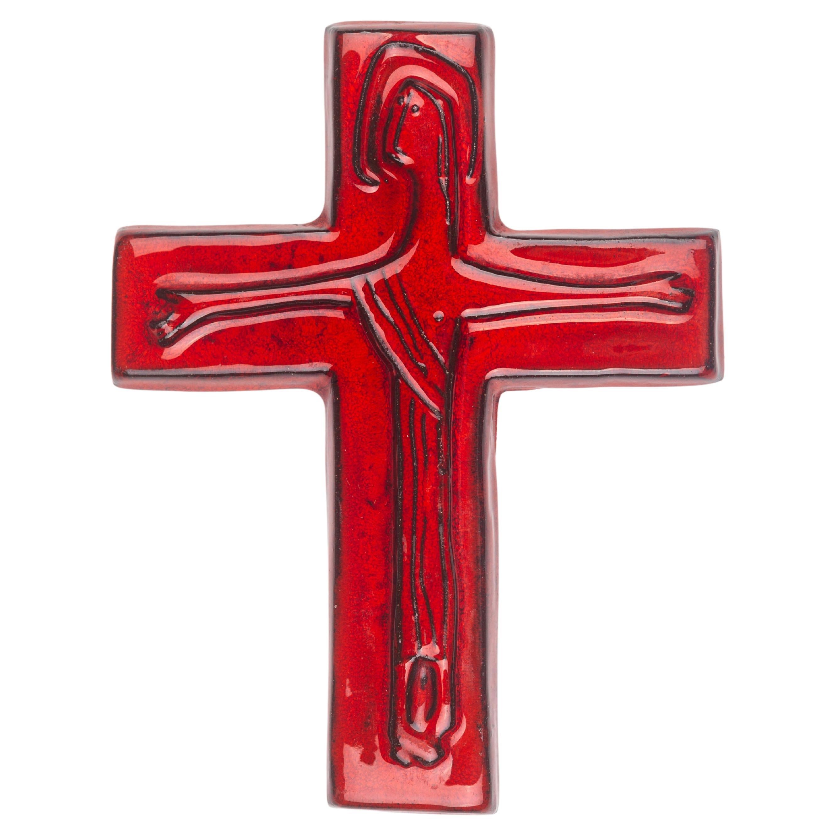 Red Ceramic Cross with Christ Figure, a Modernist Northern European Collectible For Sale