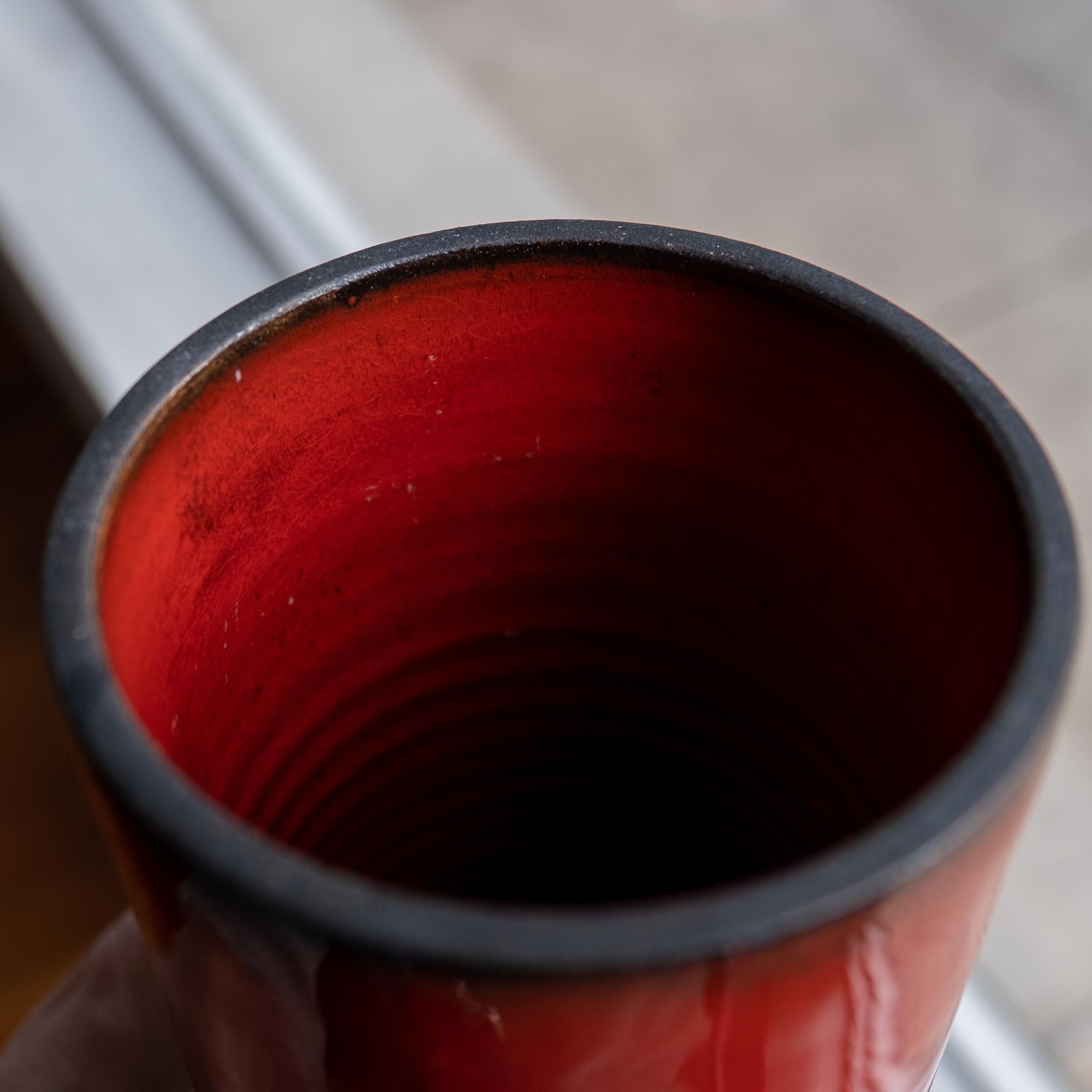 French Red Ceramic Cylinder Vase, 1950s