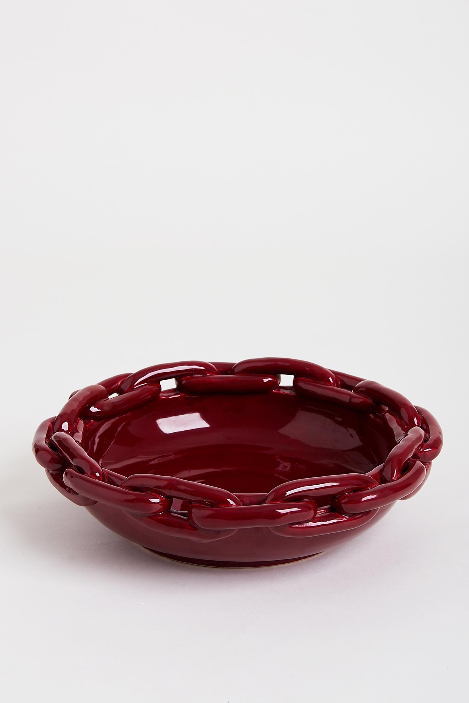 Mid-Century Modern Red Chain Links Ceramic Bowl Attributed to Jerome Massier
