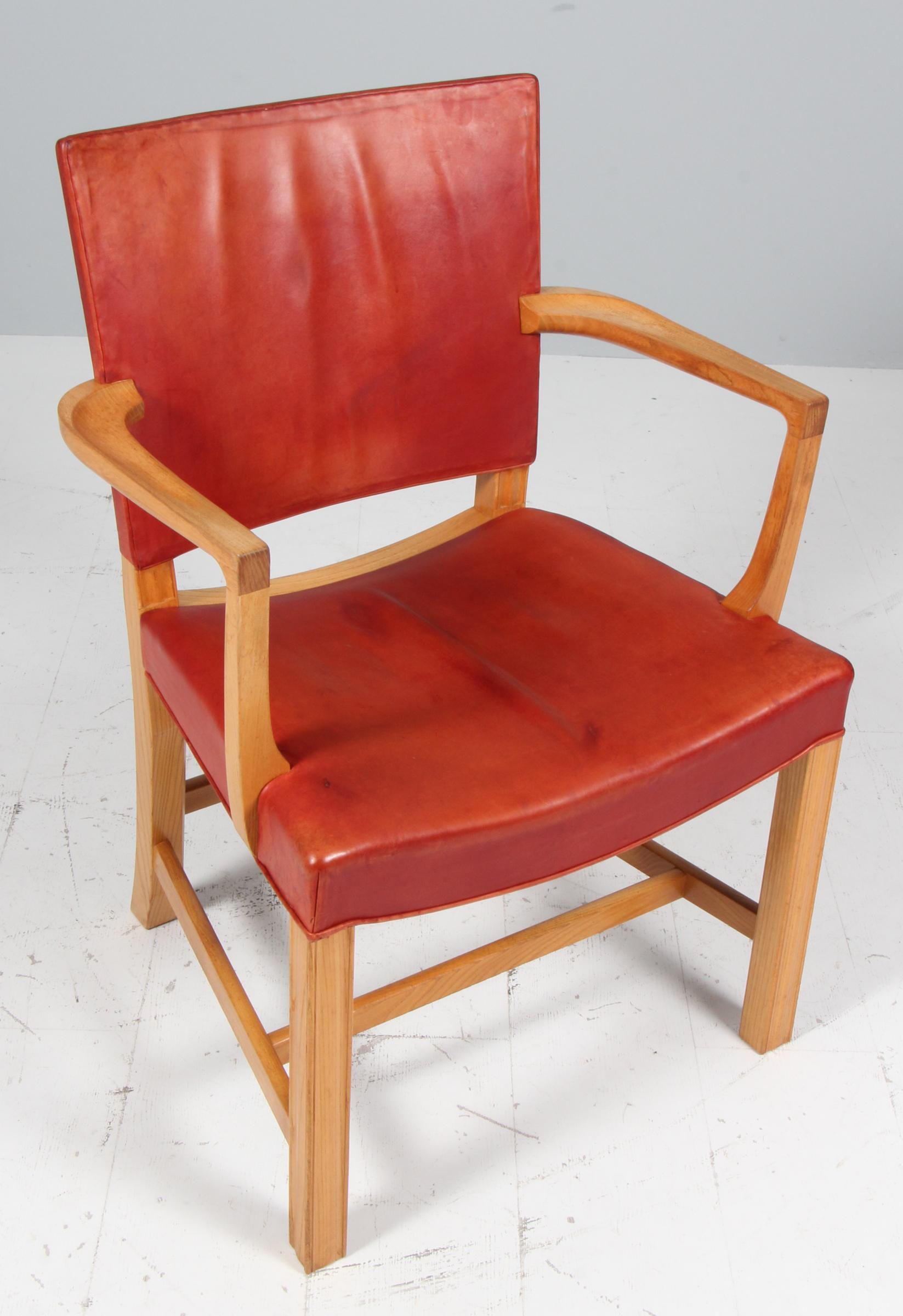 Scandinavian Modern Red Chair by Kaare Klint for Rud Rasmussen, Elm and original patinated leather For Sale