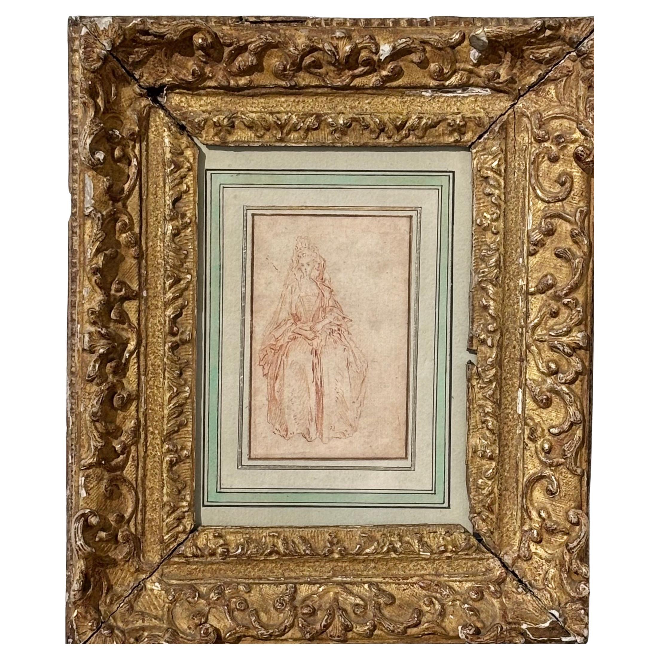 Dessin à la craie rouge d
une femme assise par Jean-Antoine Watteau (1684-1721)