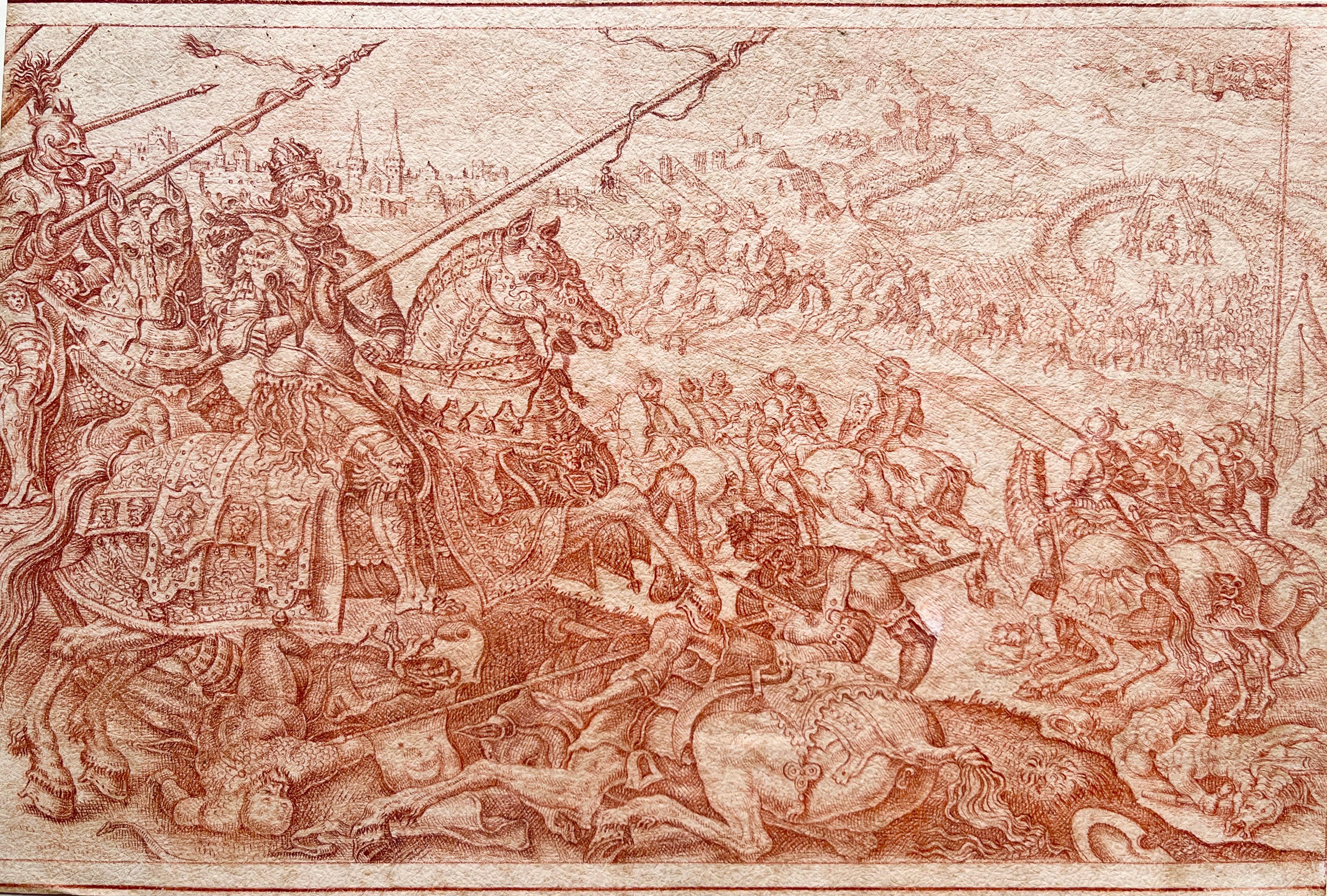 Red chalk Old Master Sketch of a Battle Scene after Maarten van Heemskerck

Follower of Maarten van Heemskerck
Netherlands; ca. 1600
Red chalk on laid paper; wood framed with burgundy velvet matte

Approximate size:  6.5 x 10 in. (drawing); 12 x 15