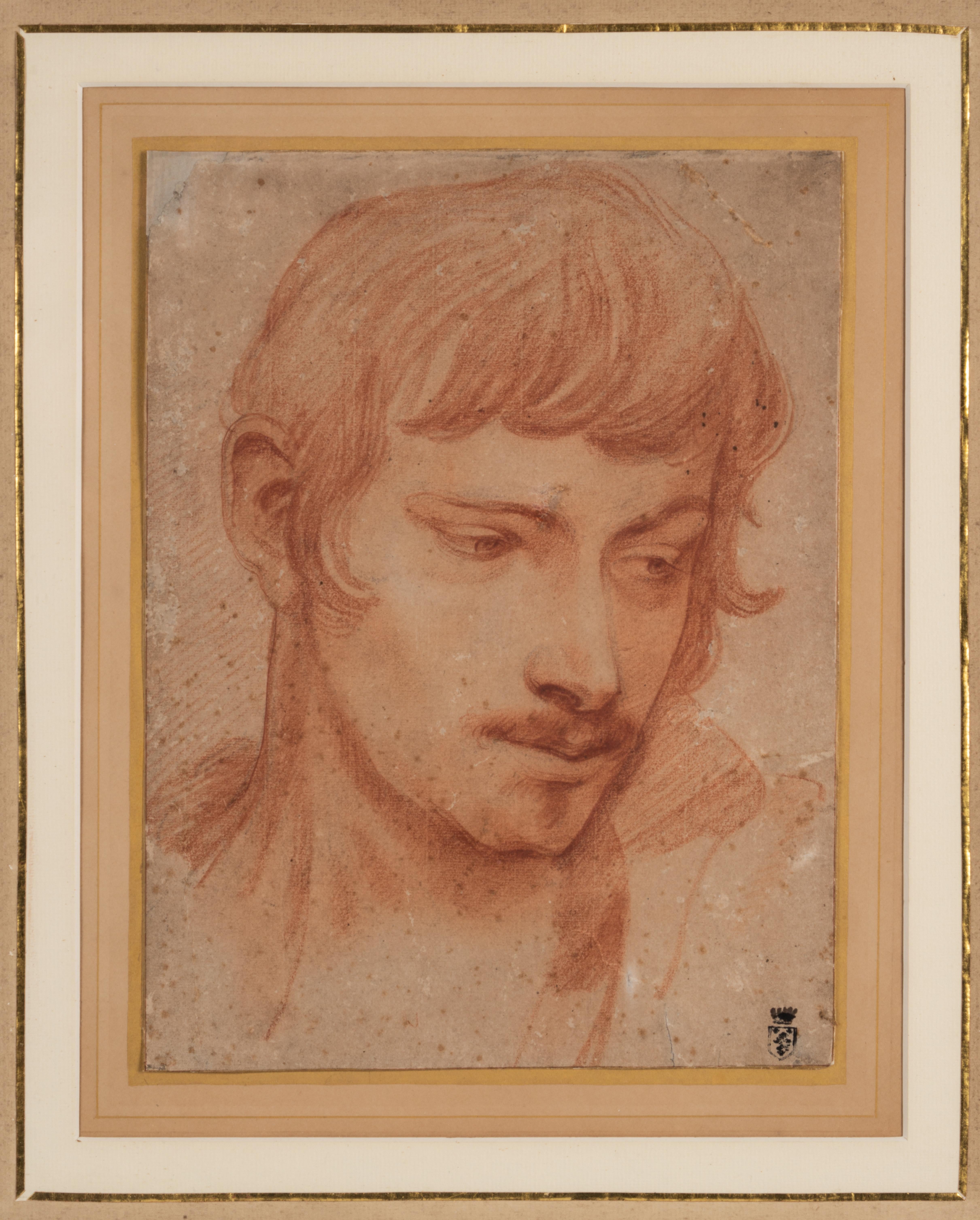 Drawing study of the head of a young man.
Red chalk on paper.
With collector's mark at bottom, surmounted by a crown.
In an 18th Century Spanish frame.
From the Wanamaker family, the family which built the first department store in Philadelphia