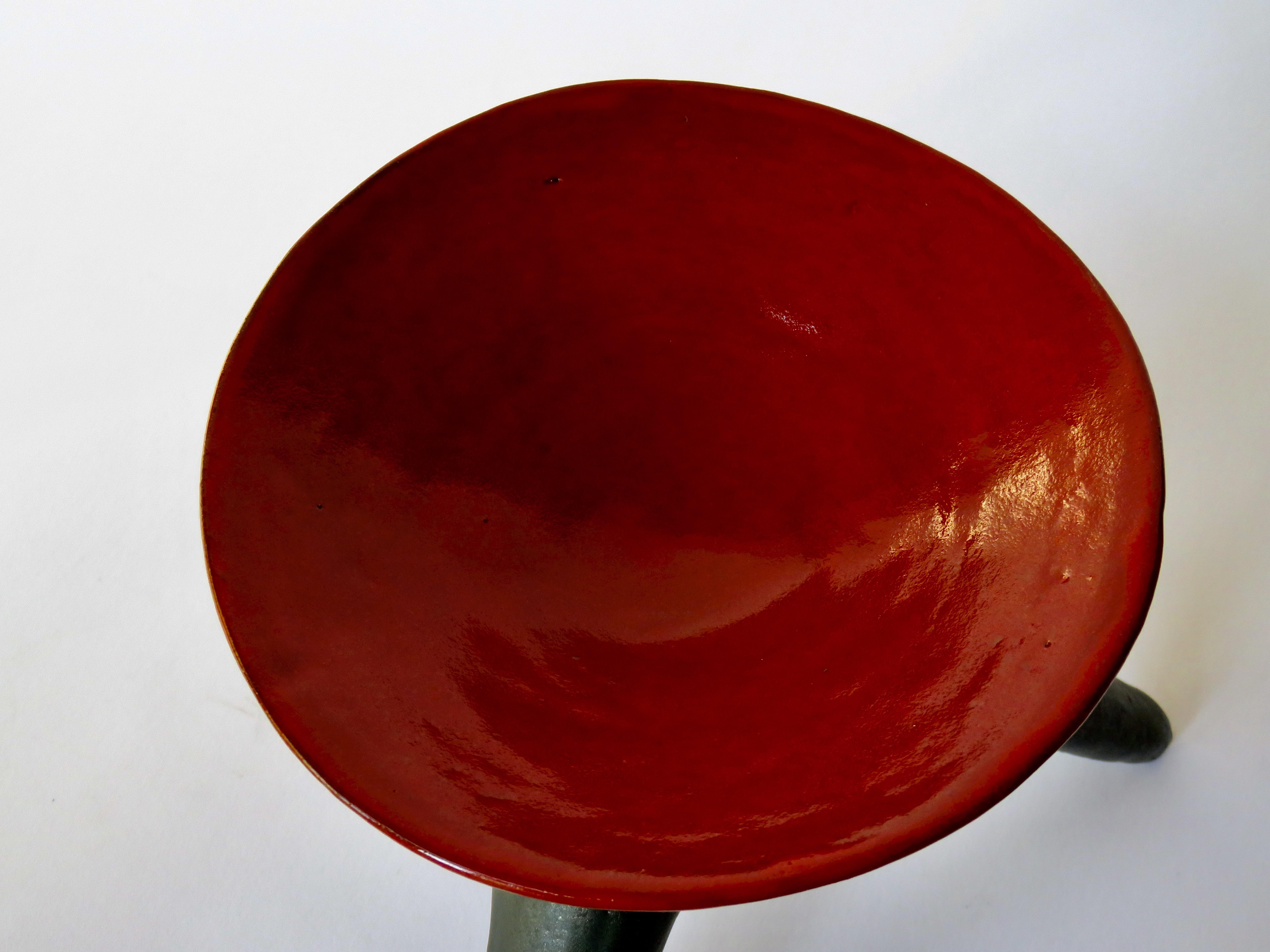 Red Chalice on Black Tripod Legs, Hand Built Ceramic Stoneware For Sale 3
