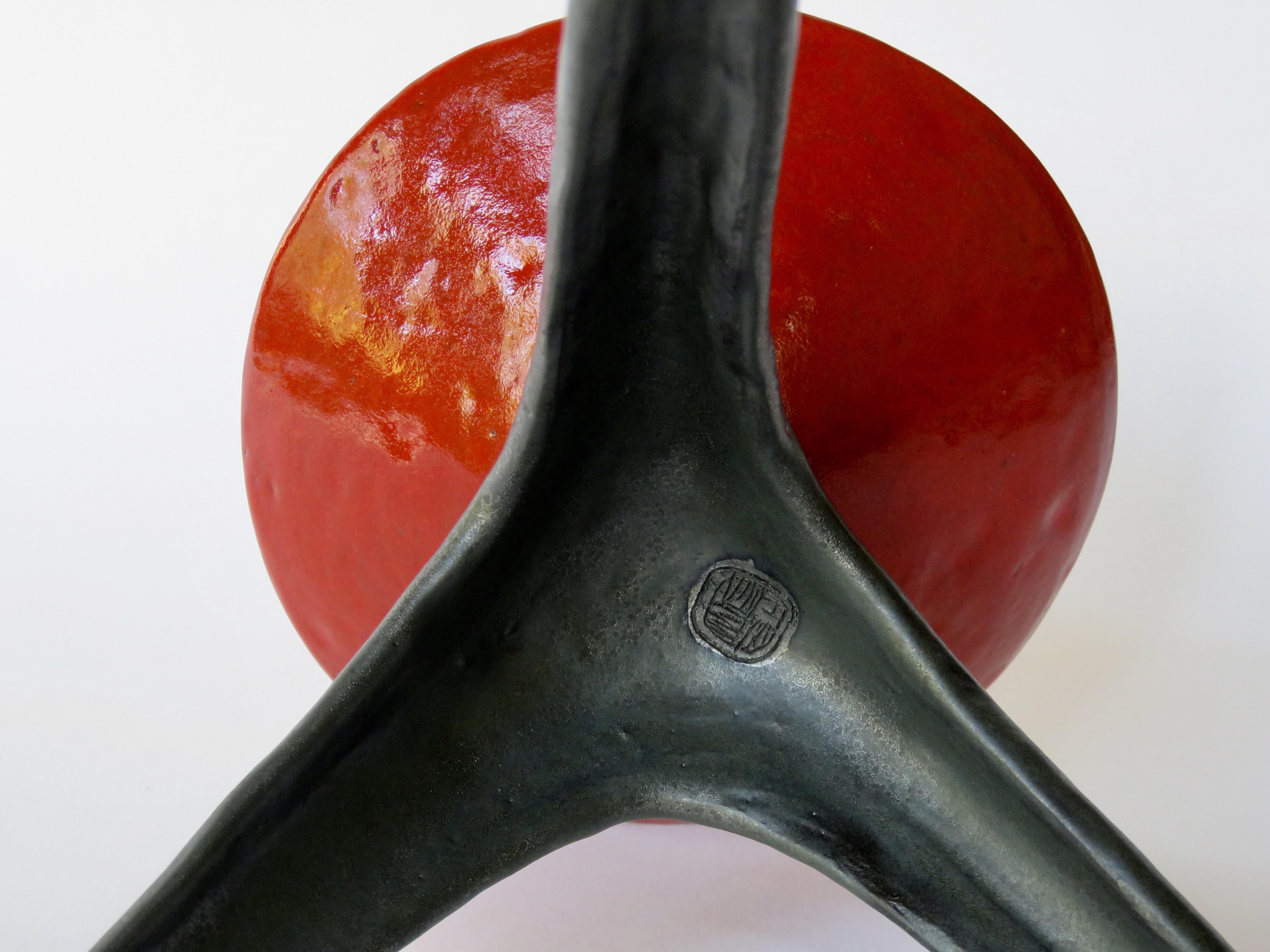 Red Chalice on Black Tripod Legs, Hand Built Ceramic Stoneware For Sale 5