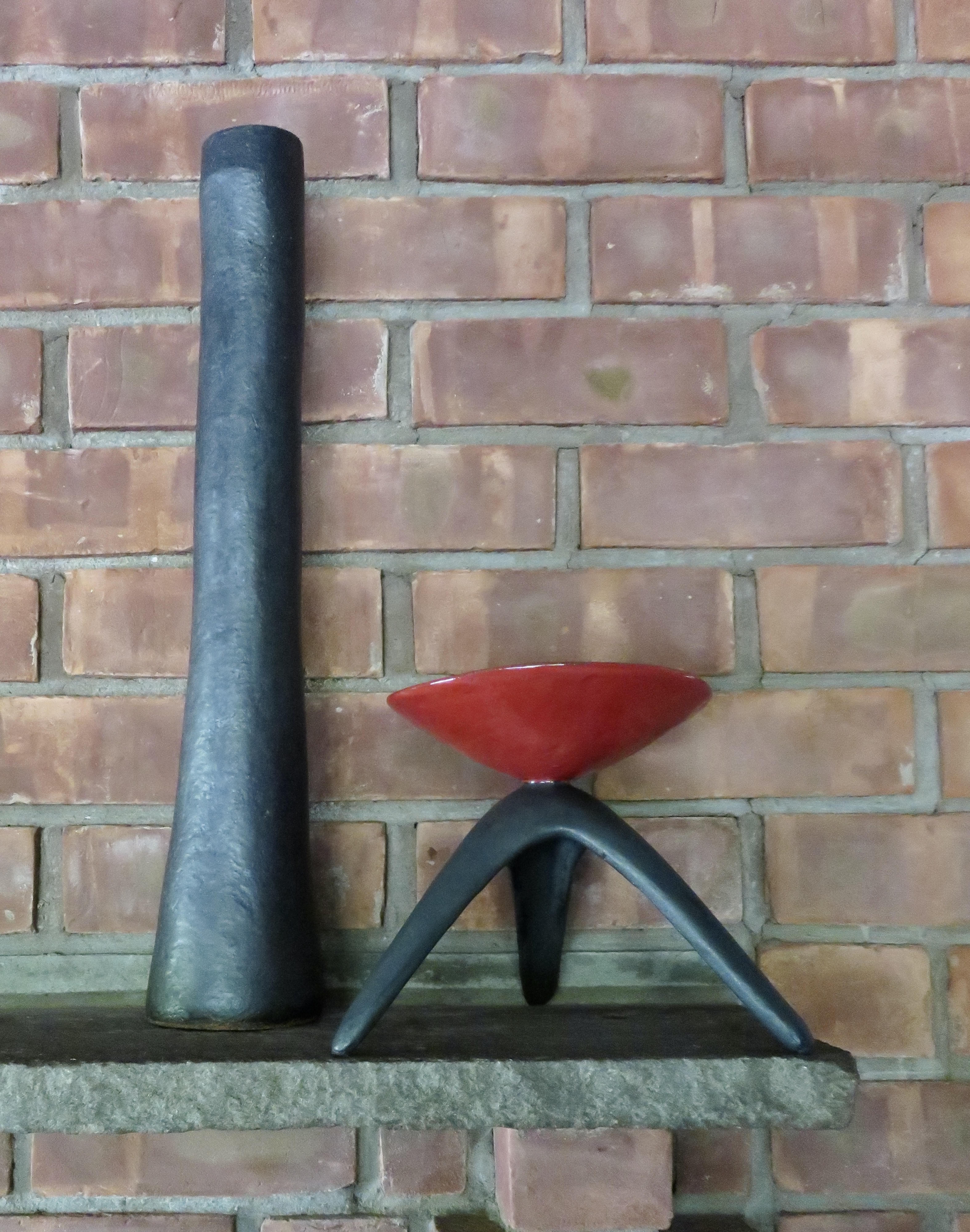 Red Chalice on Black Tripod Legs, Hand Built Ceramic Stoneware For Sale 7