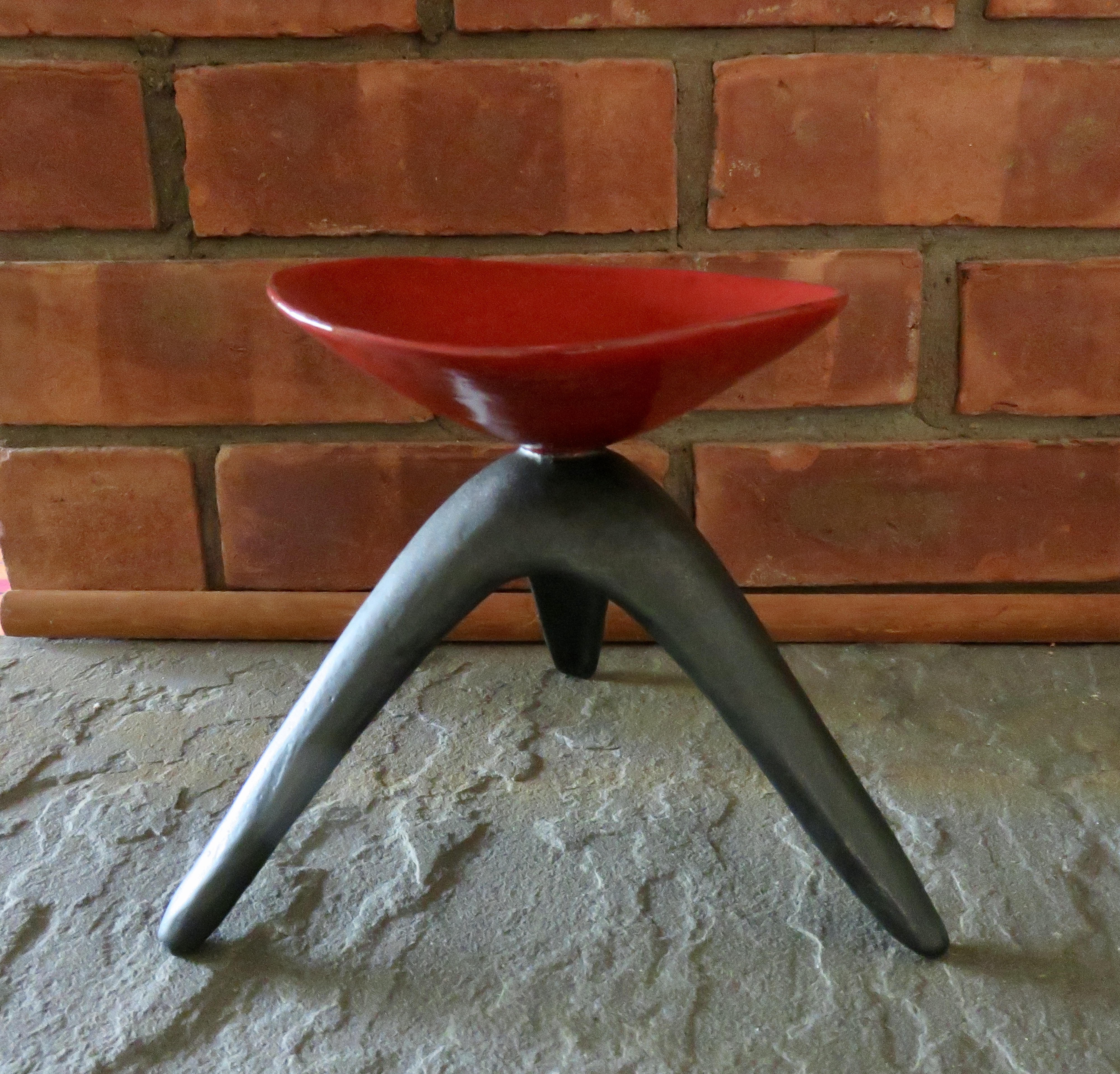 Red Chalice on Black Tripod Legs, Hand Built Ceramic Stoneware For Sale 8
