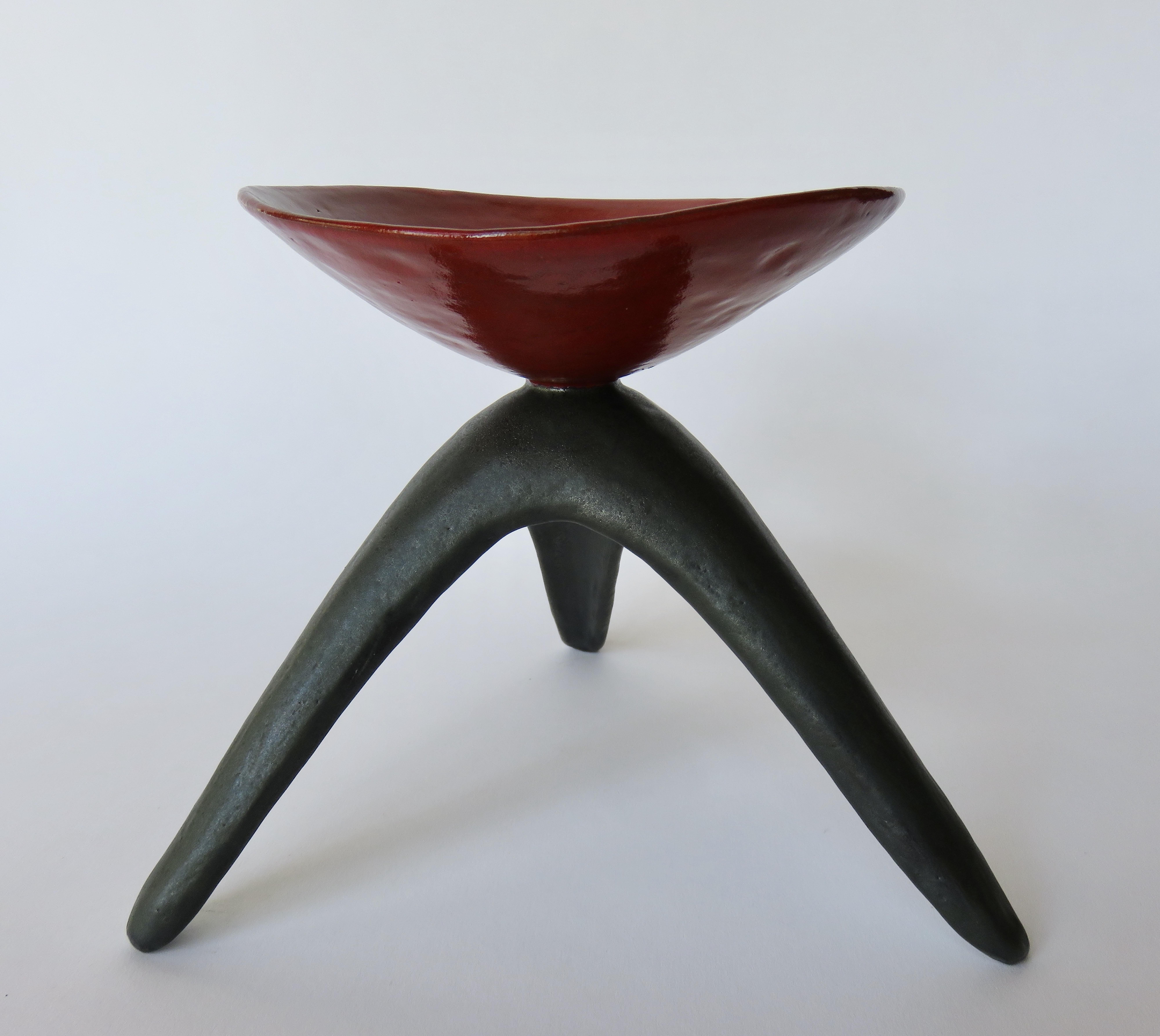 Organic Modern Red Chalice on Black Tripod Legs, Hand Built Ceramic Stoneware For Sale