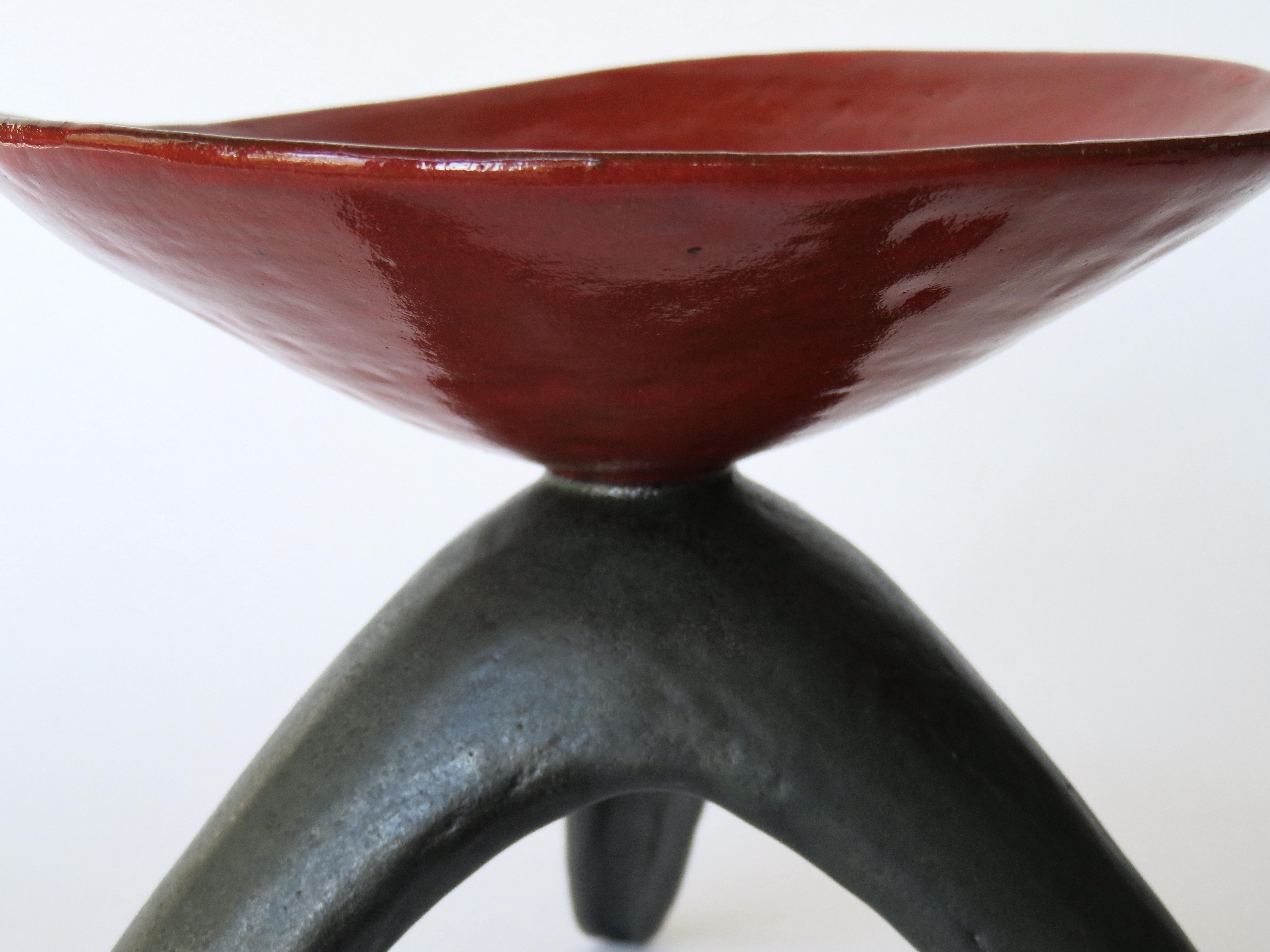 Glazed Red Chalice on Black Tripod Legs, Hand Built Ceramic Stoneware For Sale