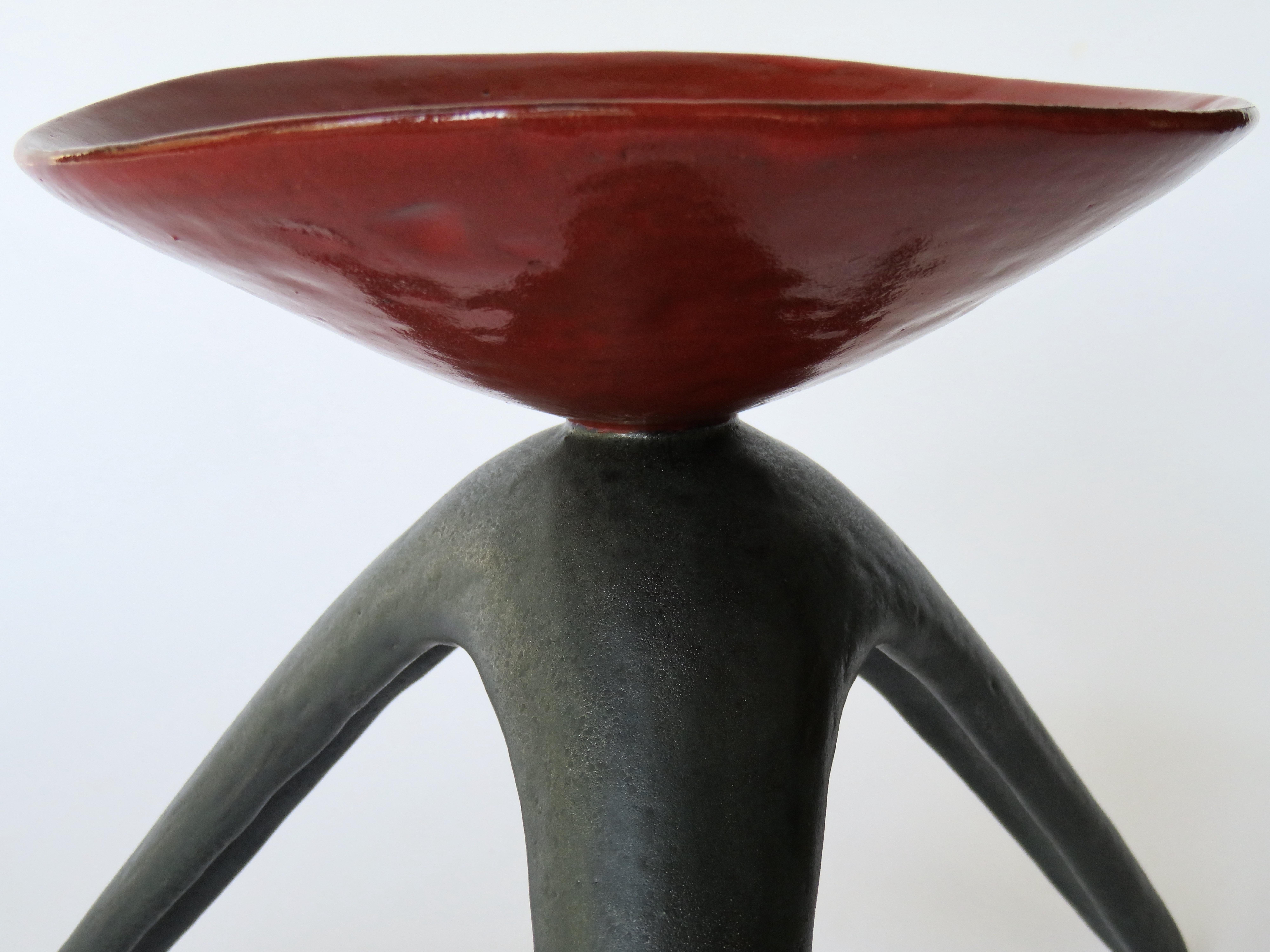 Red Chalice on Black Tripod Legs, Hand Built Ceramic Stoneware In New Condition For Sale In New York, NY