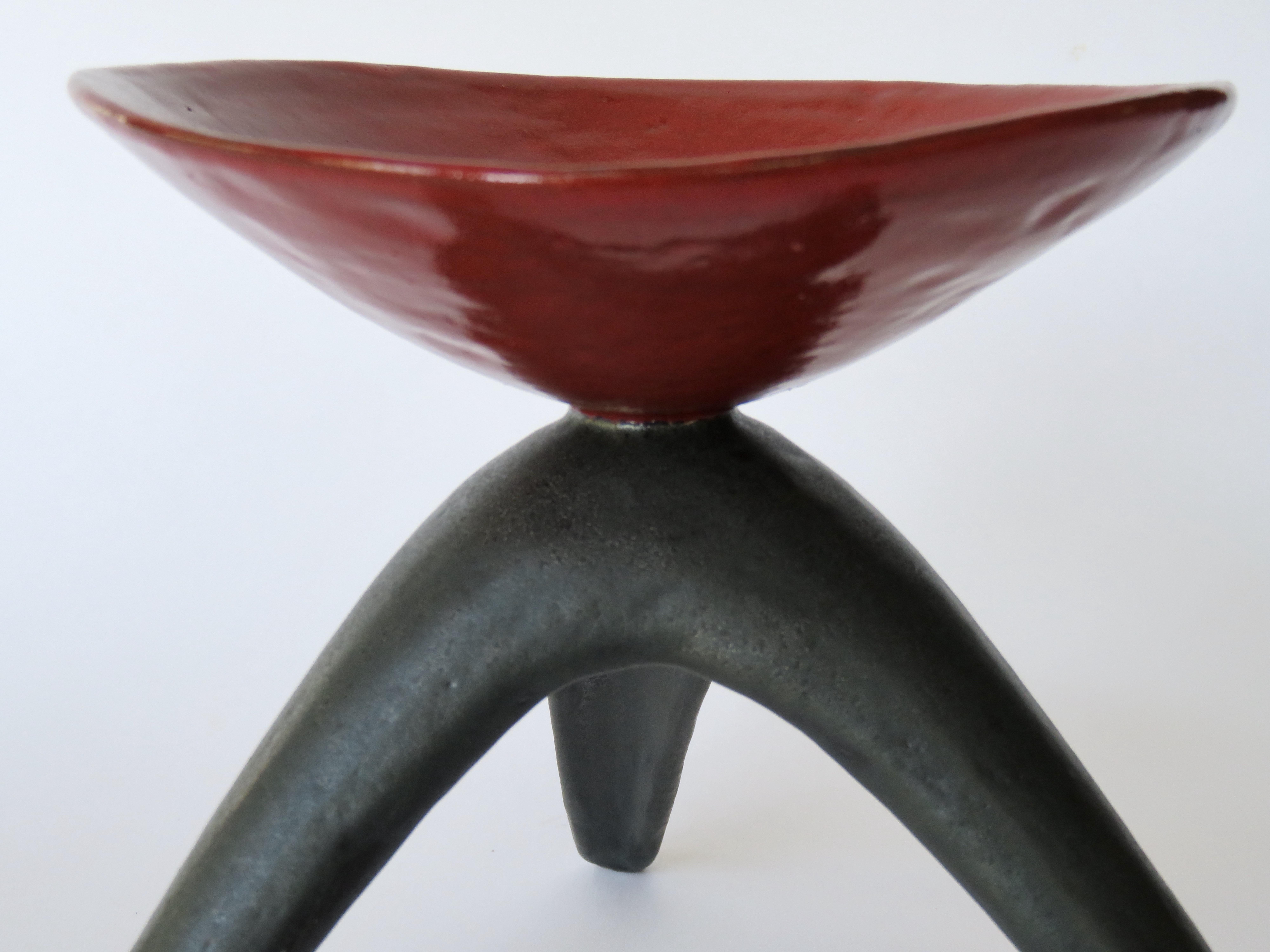 Contemporary Red Chalice on Black Tripod Legs, Hand Built Ceramic Stoneware For Sale