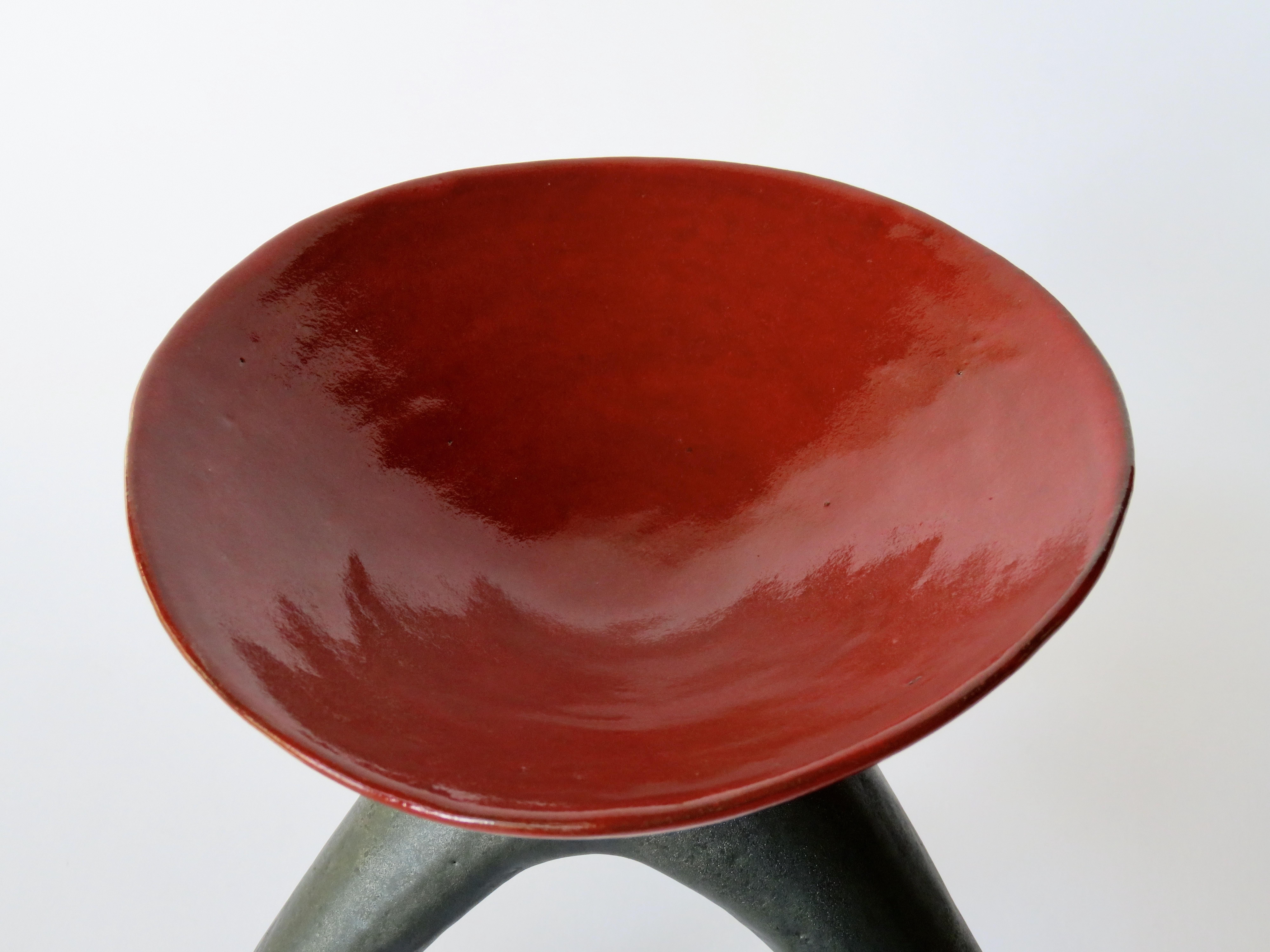 Red Chalice on Black Tripod Legs, Hand Built Ceramic Stoneware For Sale 1