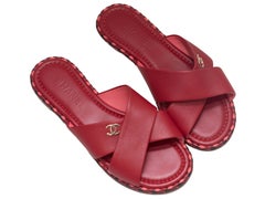 Red Chanel Leather Flat Slide Sandals Size 38