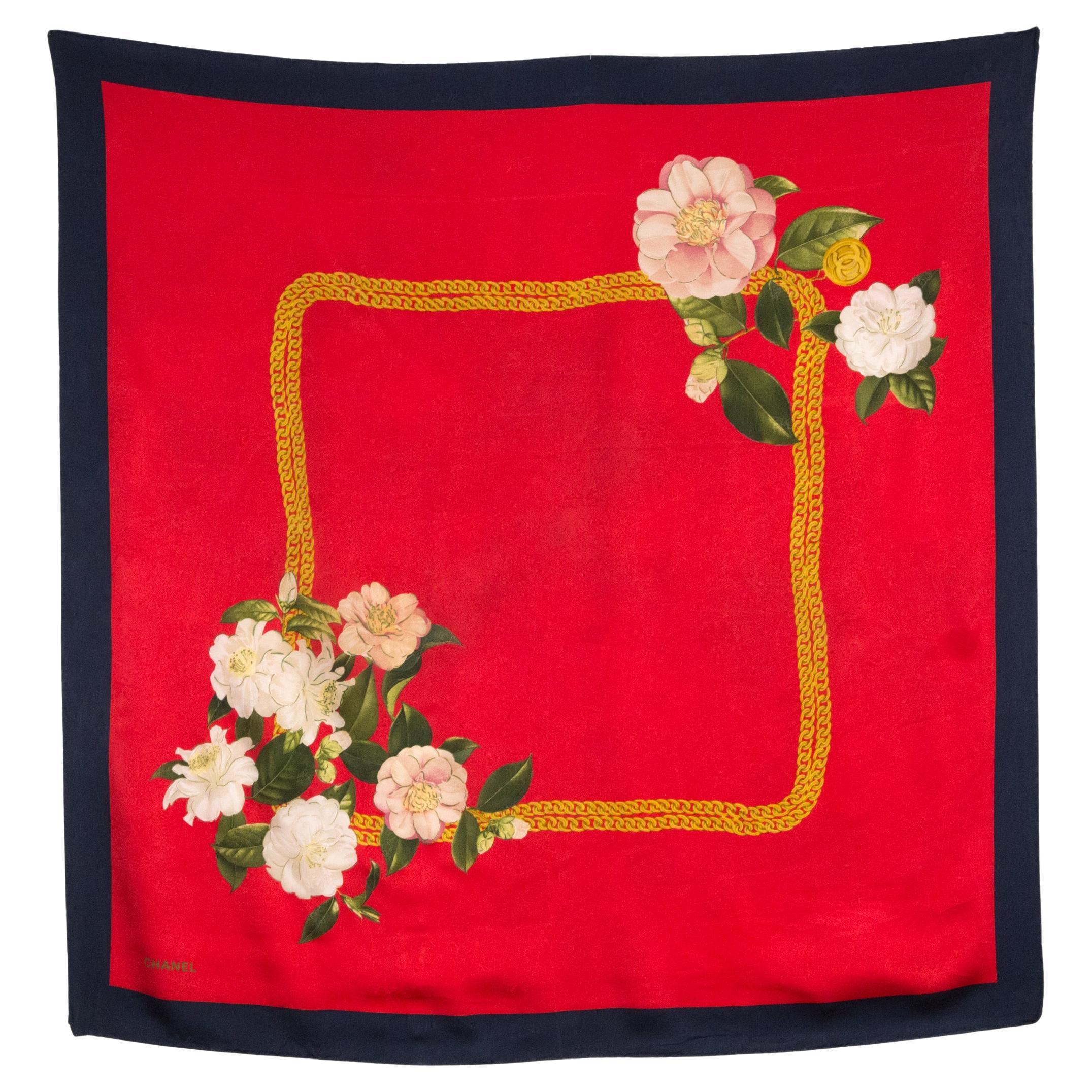 Red Chanel Silk Scarf For Sale