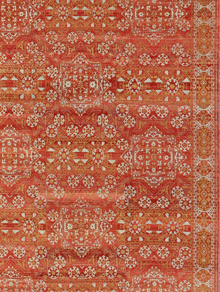 Red background with accent chartreuse Green and light gray/blue vintage Turkish tribal ottoman rug with repeating design, rug KOL-59569, country of origin / type: Afghanistan / Ottoman, circa 1980

Finely Handwoven in Turkey, this one-of-a-kind