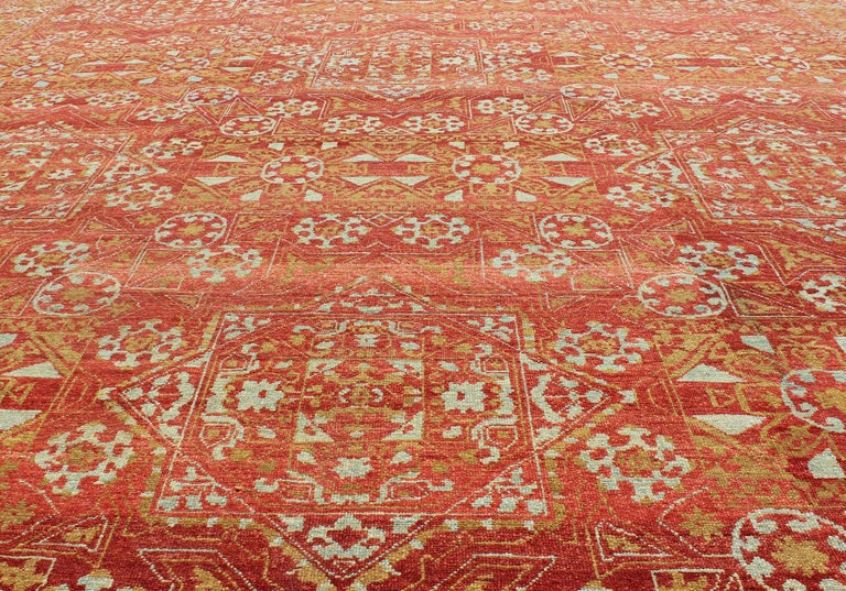 Red, Chartreuse Green Tribal Ottoman Mamluk Rug with Repeating Design In Excellent Condition For Sale In Atlanta, GA