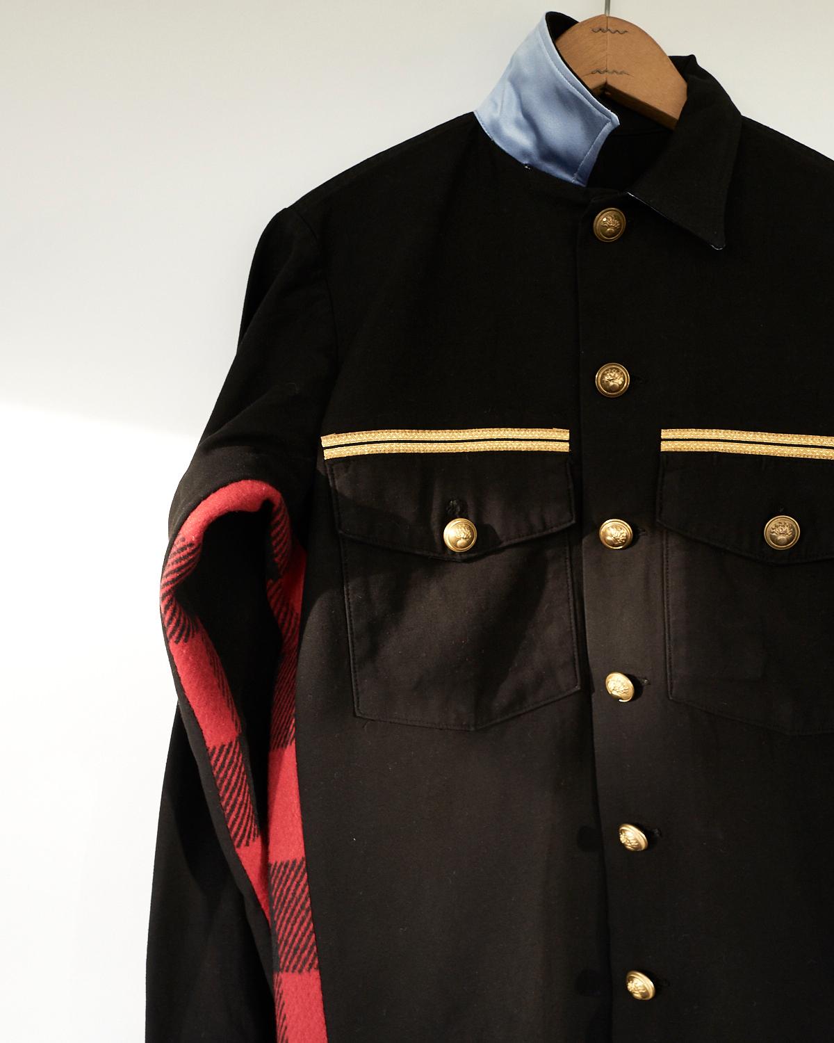 black military coat with gold buttons and zips