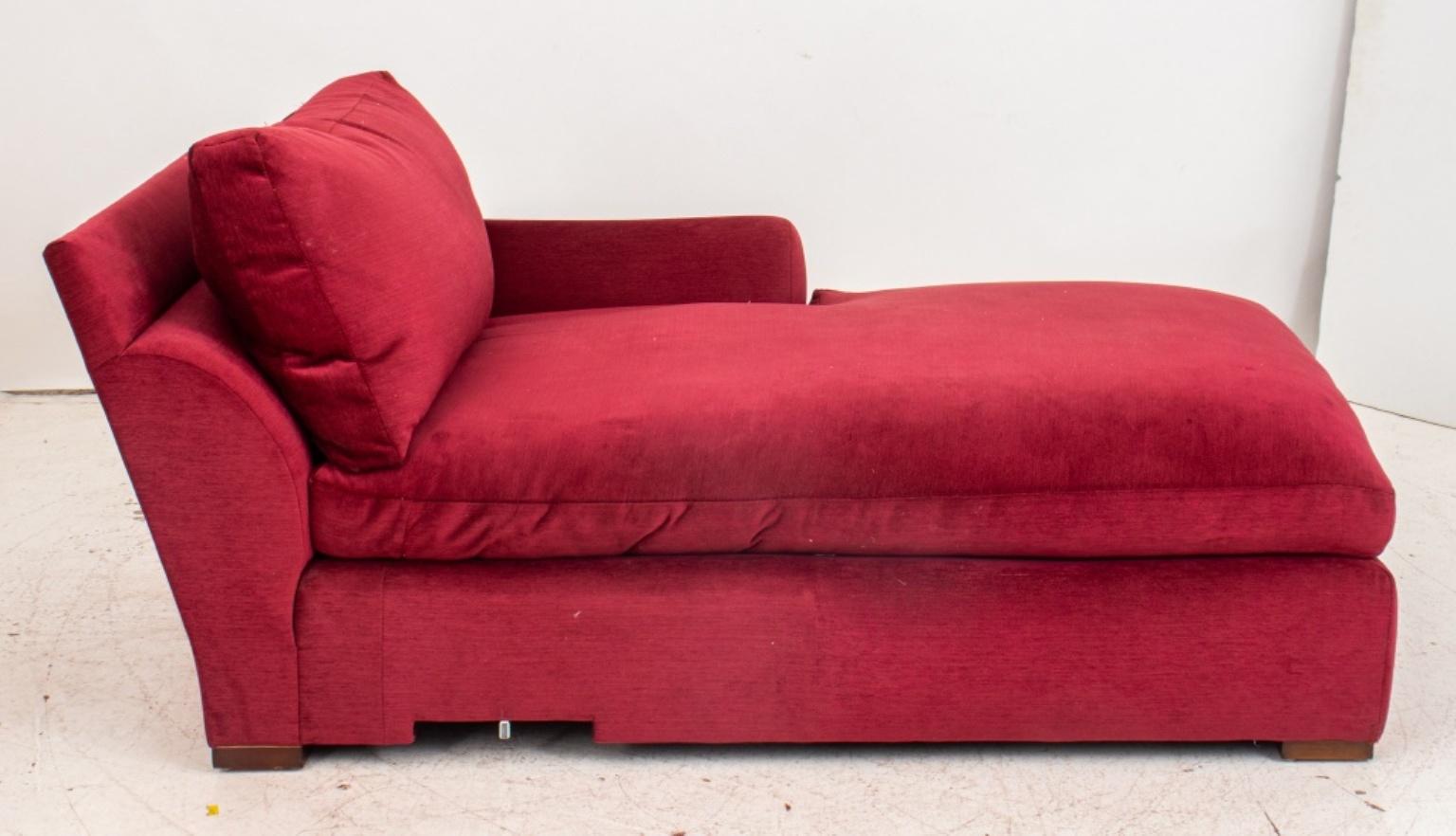 Red chenille upholstered chaise lounge, unmarked. In good condition. Wear consistent with age and use.

Dimensions: 29