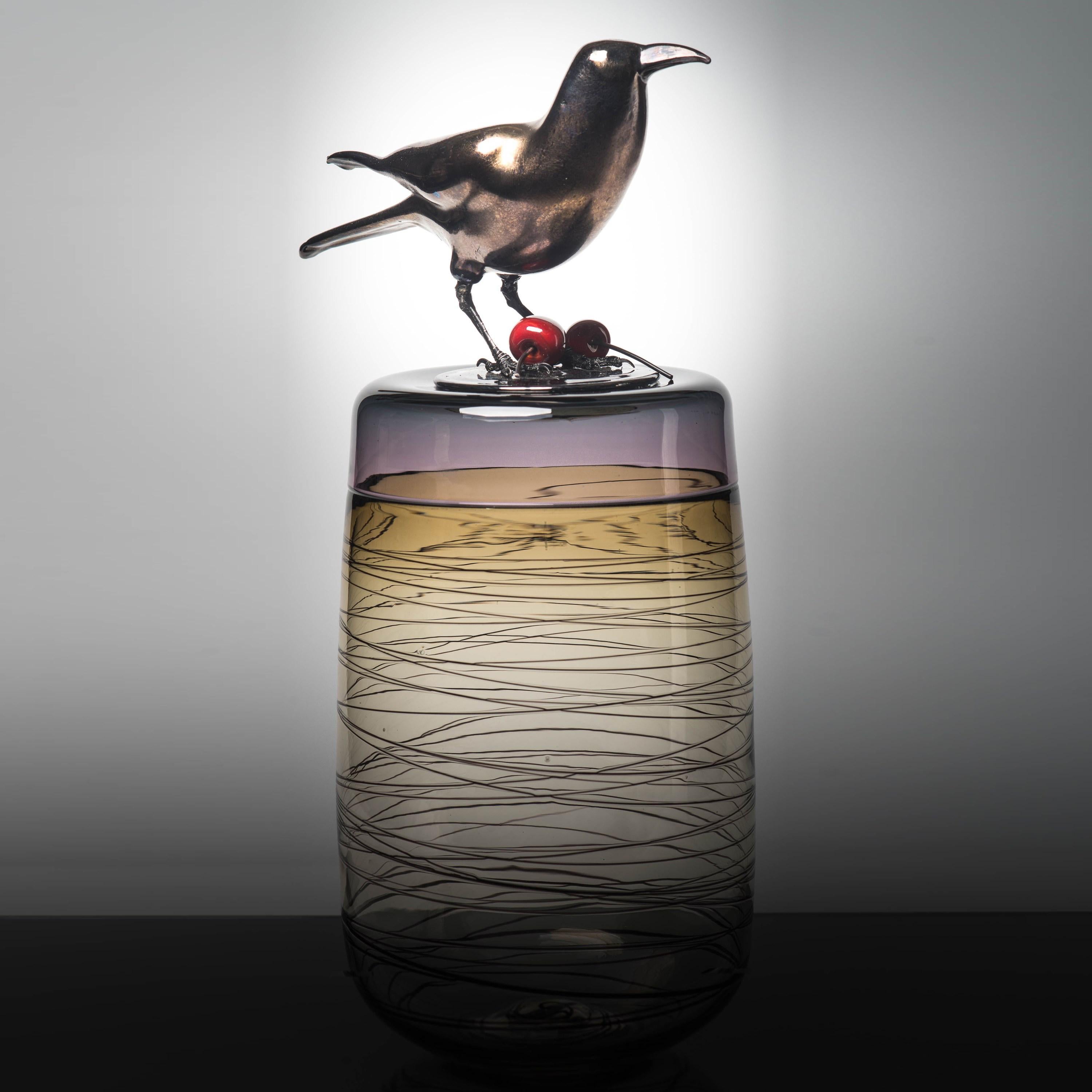 Organic Modern Red Cherries, a Unique Glass Sculptural Vase with Black Crow by Julie Johnson