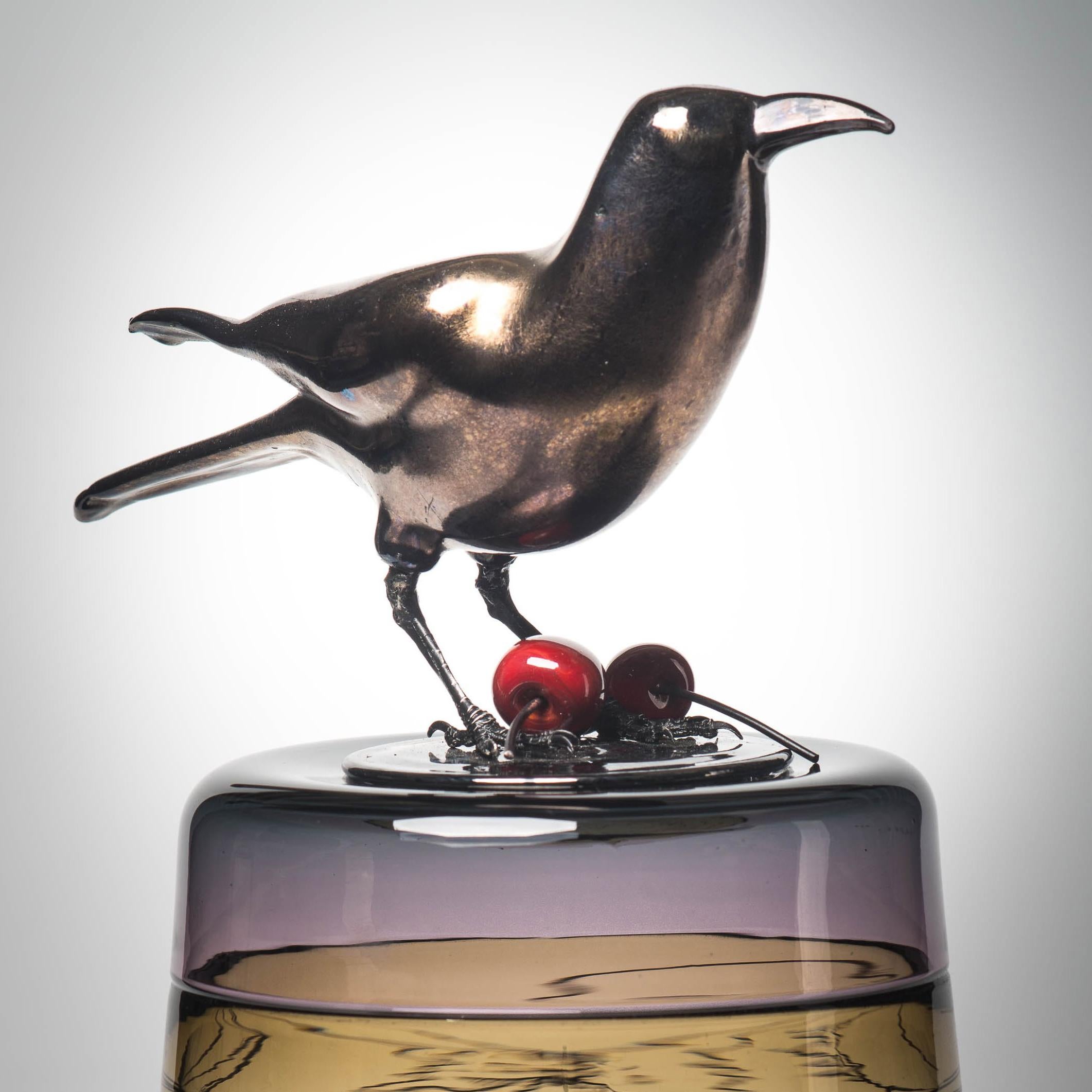 Hand-Crafted Red Cherries, a Unique Glass Sculptural Vase with Black Crow by Julie Johnson