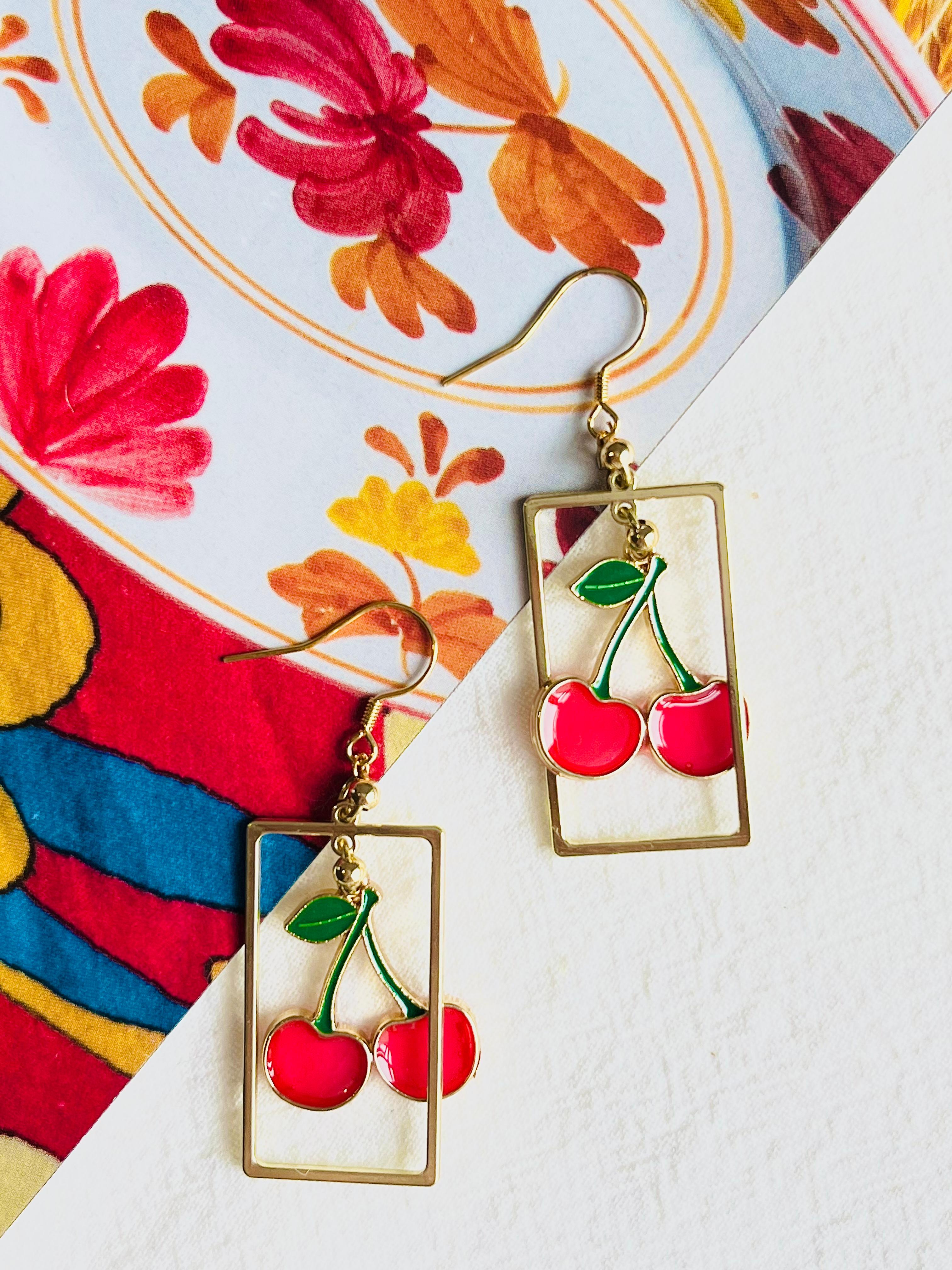 Art Deco Red Cherry Rectangle Frame Pendant Hoop Rustic Retro Gold Drop Pierced Earrings For Sale