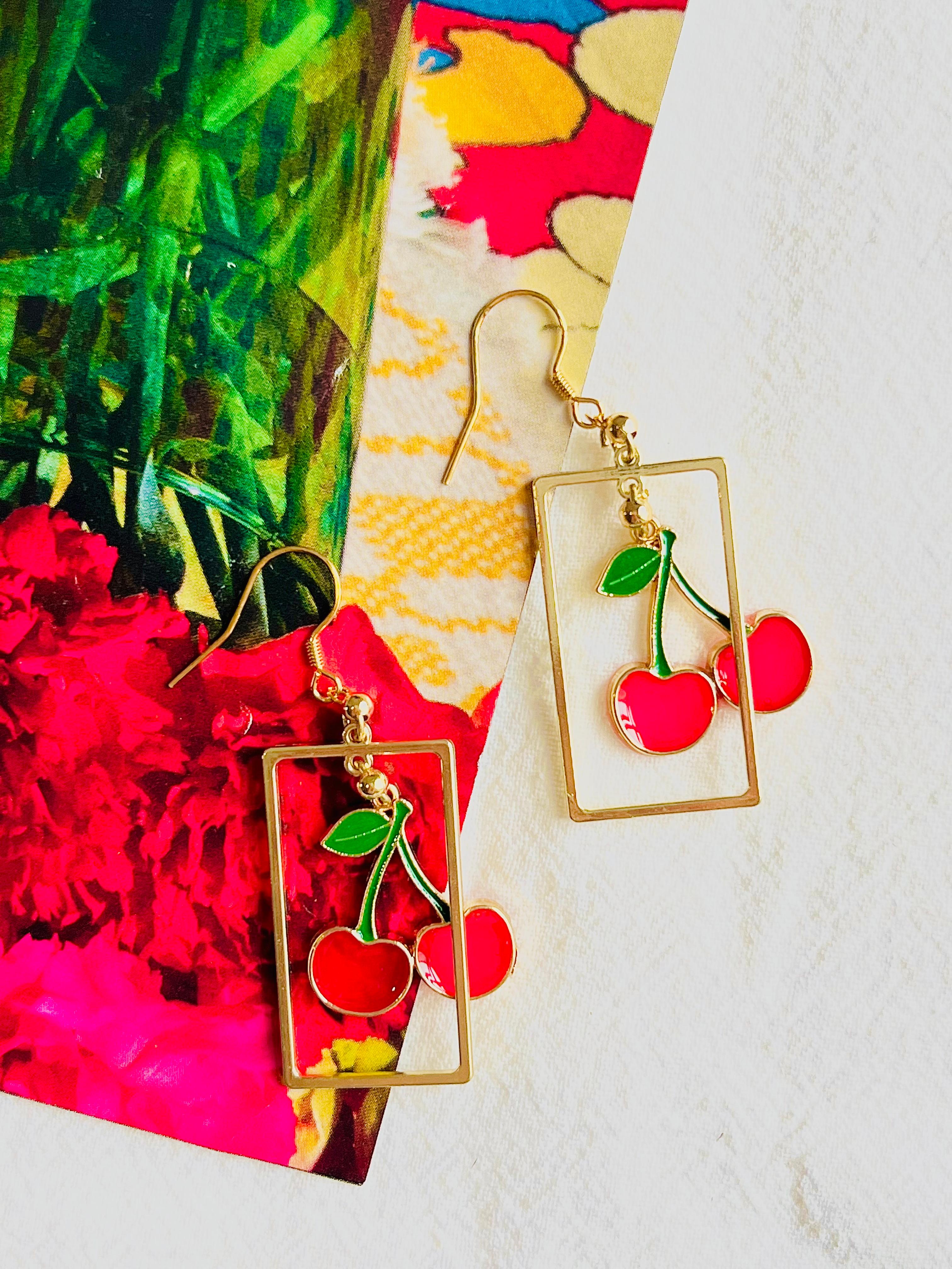 Red Cherry Rectangle Frame Pendant Hoop Rustic Retro Gold Drop Pierced Earrings In New Condition For Sale In Wokingham, England