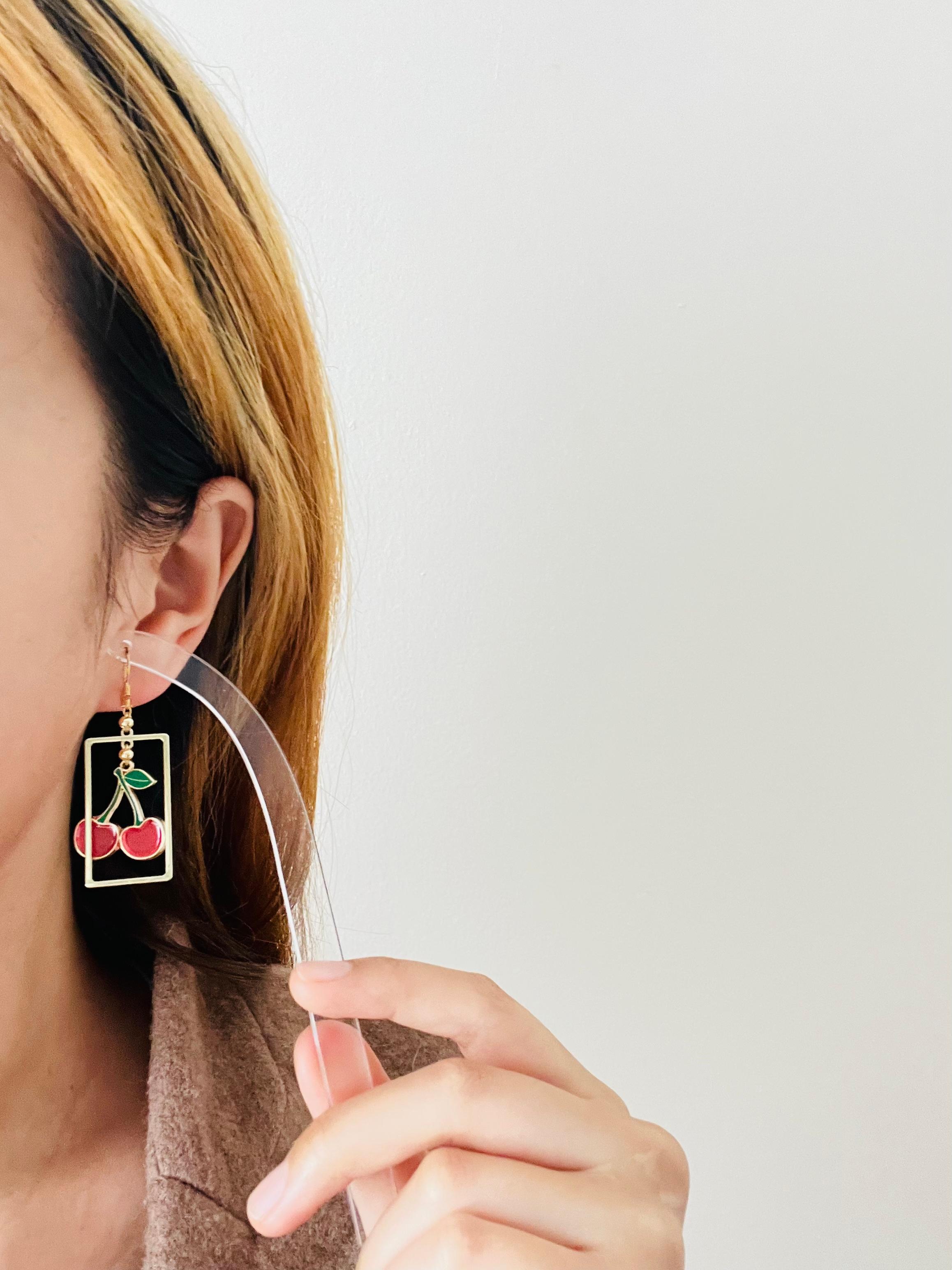 Red Cherry Rectangle Frame Pendant Hoop Rustic Retro Gold Drop Pierced Earrings For Sale 1