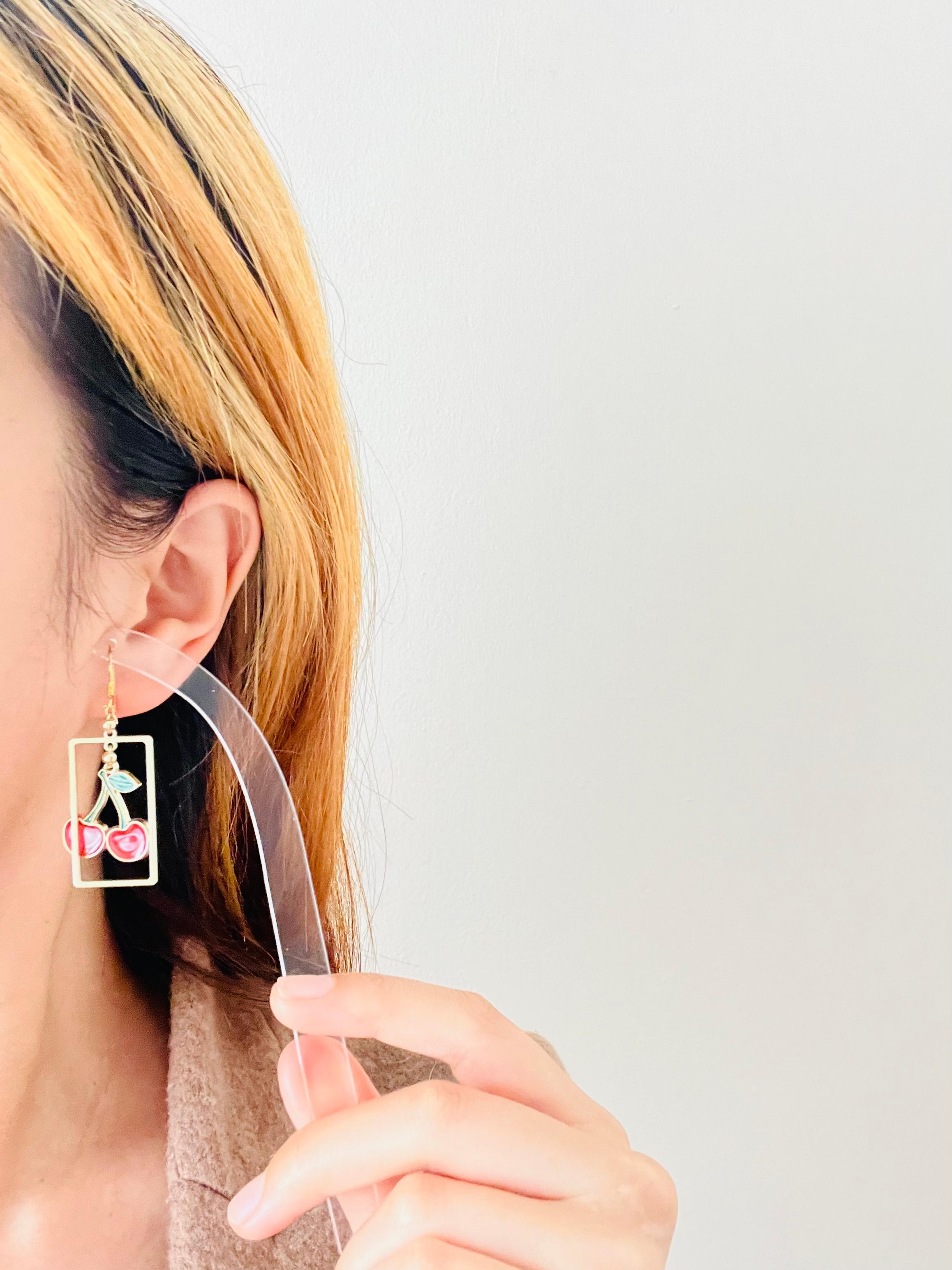 Red Cherry Rectangle Frame Pendant Hoop Rustic Retro Gold Drop Pierced Earrings For Sale 2