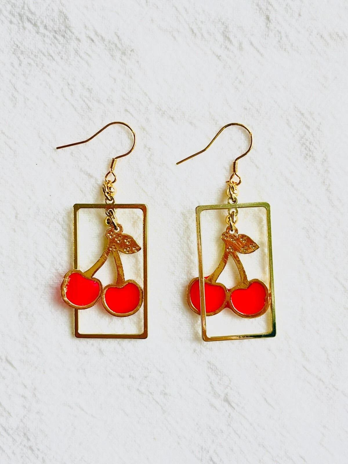 Red Cherry Rectangle Frame Pendant Hoop Rustic Retro Gold Drop Pierced Earrings For Sale 3