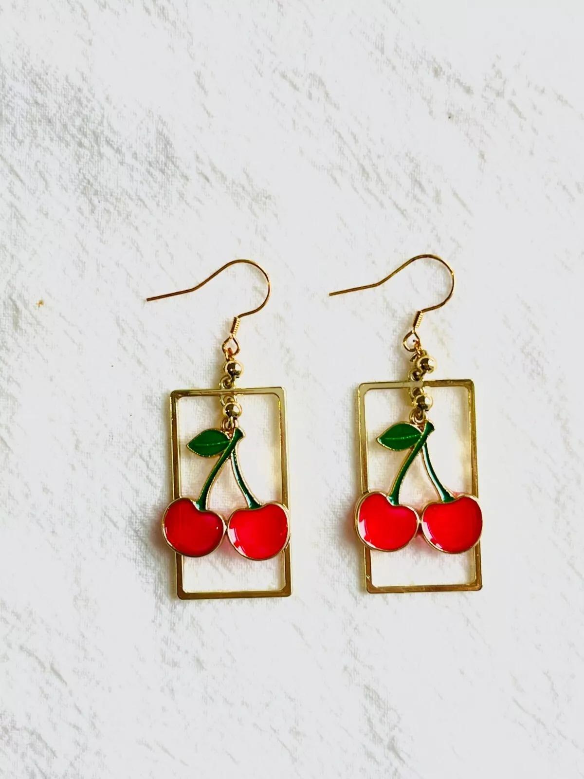 Red Cherry Rectangle Frame Pendant Hoop Rustic Retro Gold Drop Pierced Earrings For Sale 4