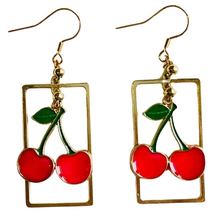 Red Cherry Rectangle Frame Pendant Hoop Rustic Retro Gold Drop Pierced Earrings For Sale