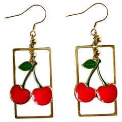 Red Cherry Rectangle Frame Pendant Hoop Rustic Retro Gold Pierced Drop Earrings