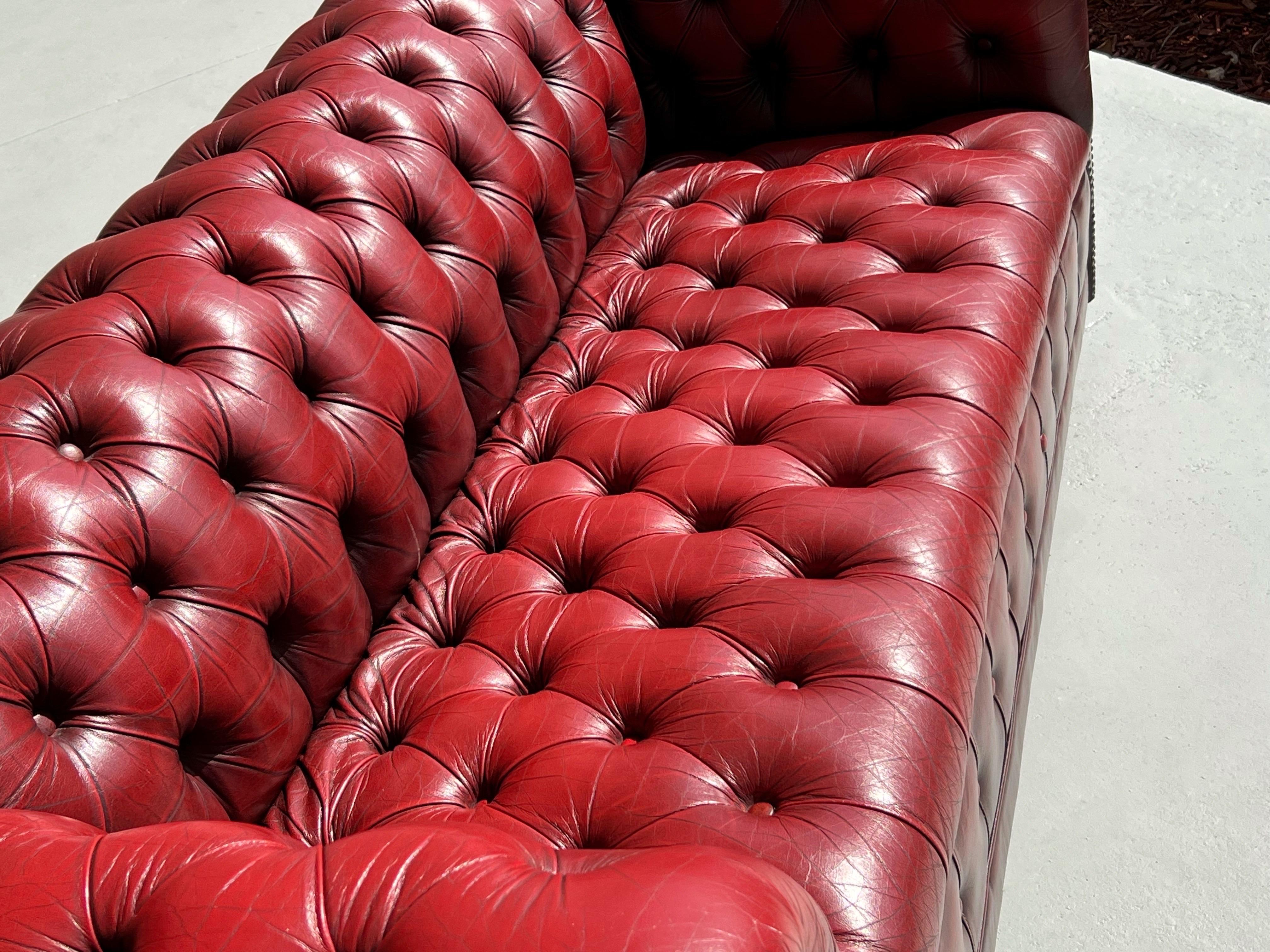 American Red Chesterfield Leather Tufted Sofa