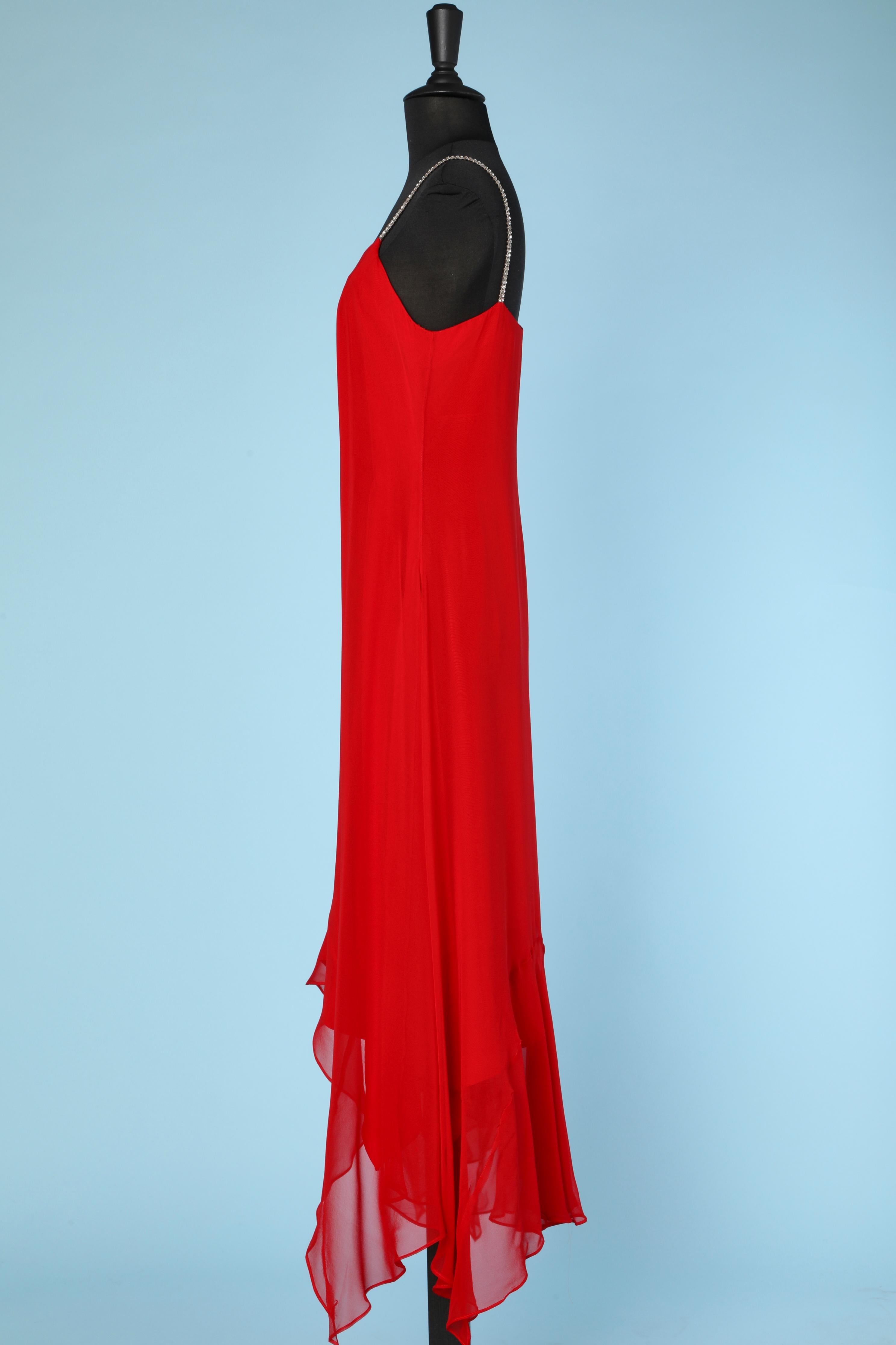 Women's Red chiffon evening dress and cape, rhinestone shoulder straps and buckle 1960's