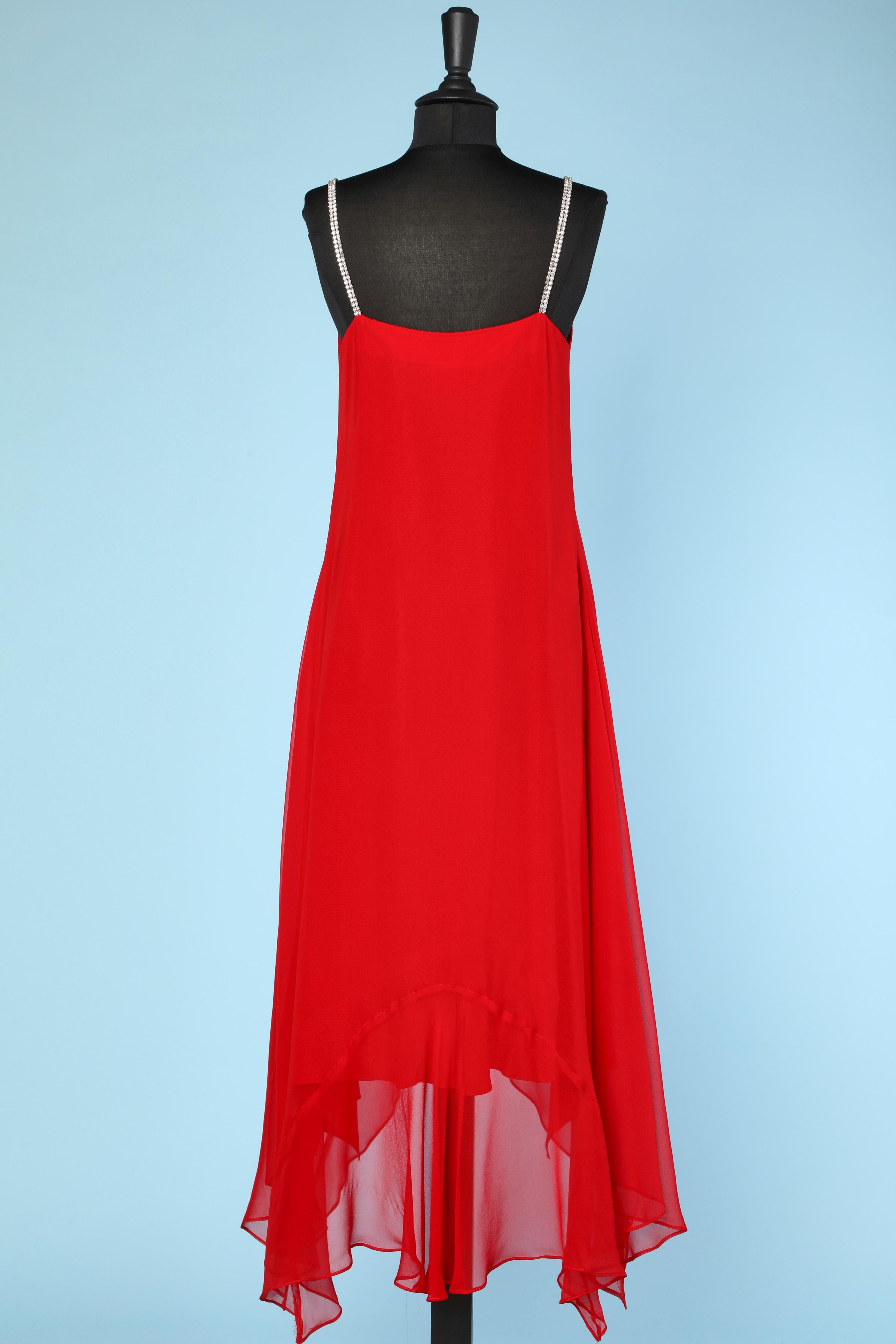 Red chiffon evening dress and cape, rhinestone shoulder straps and buckle 1960's 1
