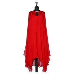 Red chiffon evening dress and cape, rhinestone shoulder straps and buckle 1960's