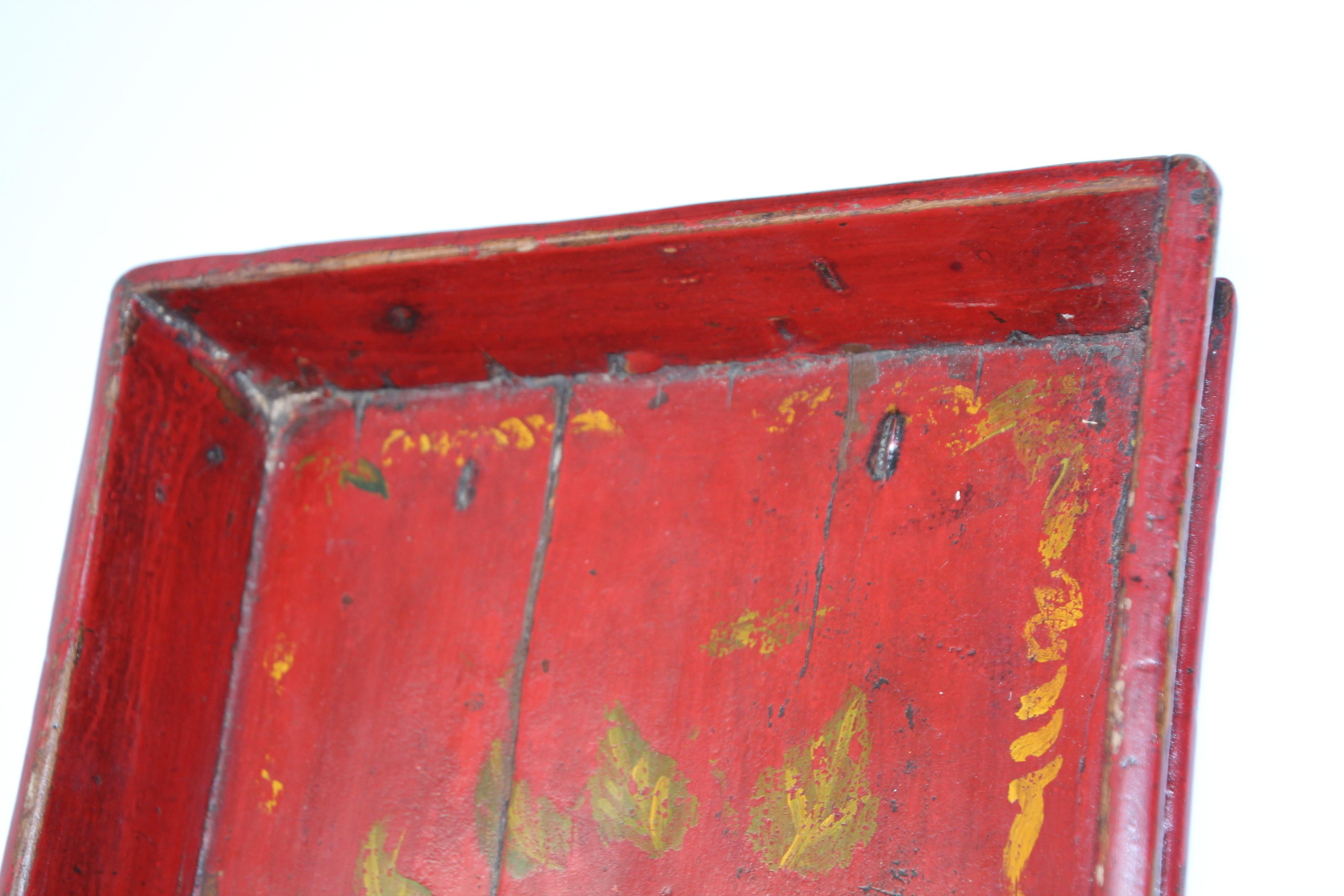 Red Chinese Antique Hand Painted Wood Serving Tray For Sale 1