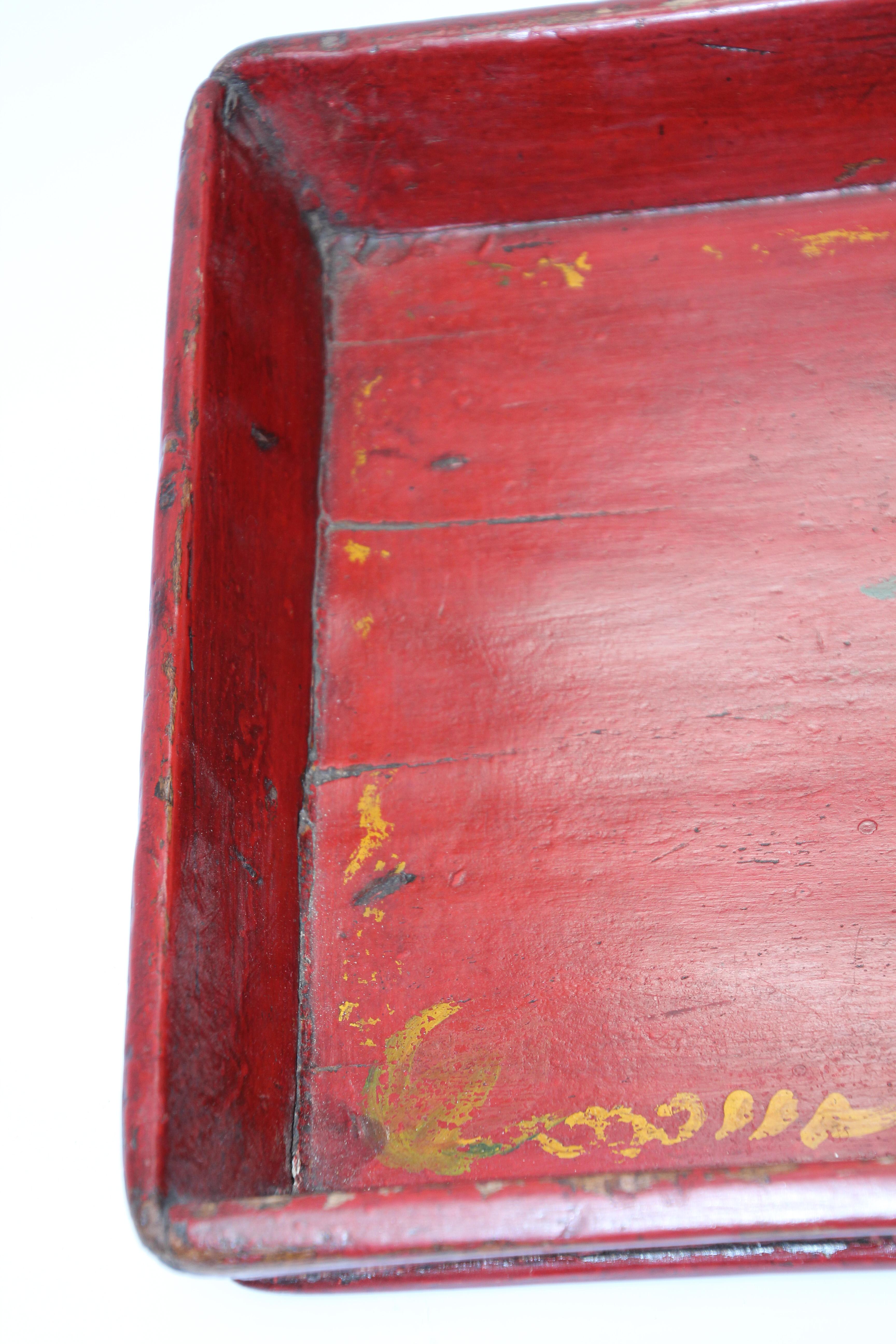 Red Chinese Antique Hand Painted Wood Serving Tray For Sale 2