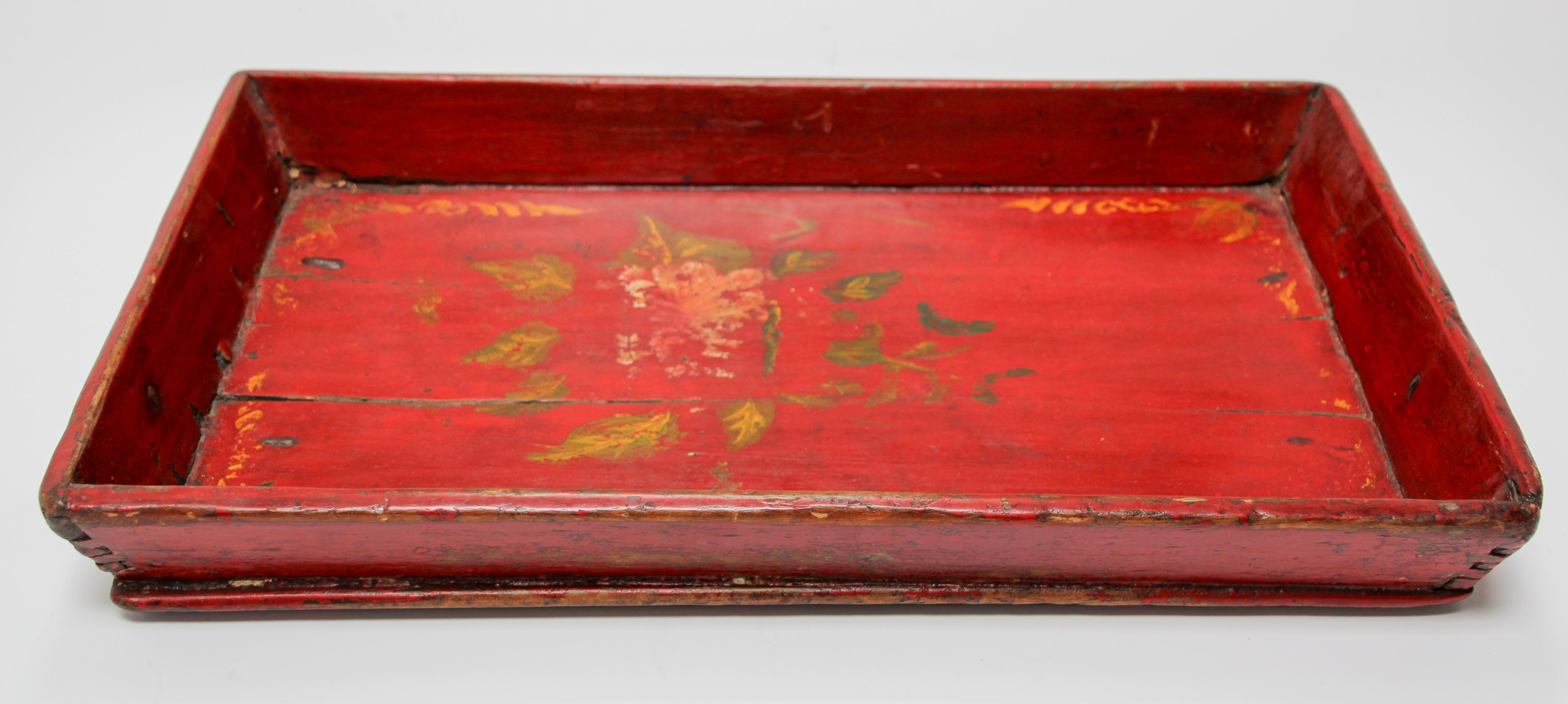 Red Chinese Antique Hand Painted Wood Serving Tray For Sale 7