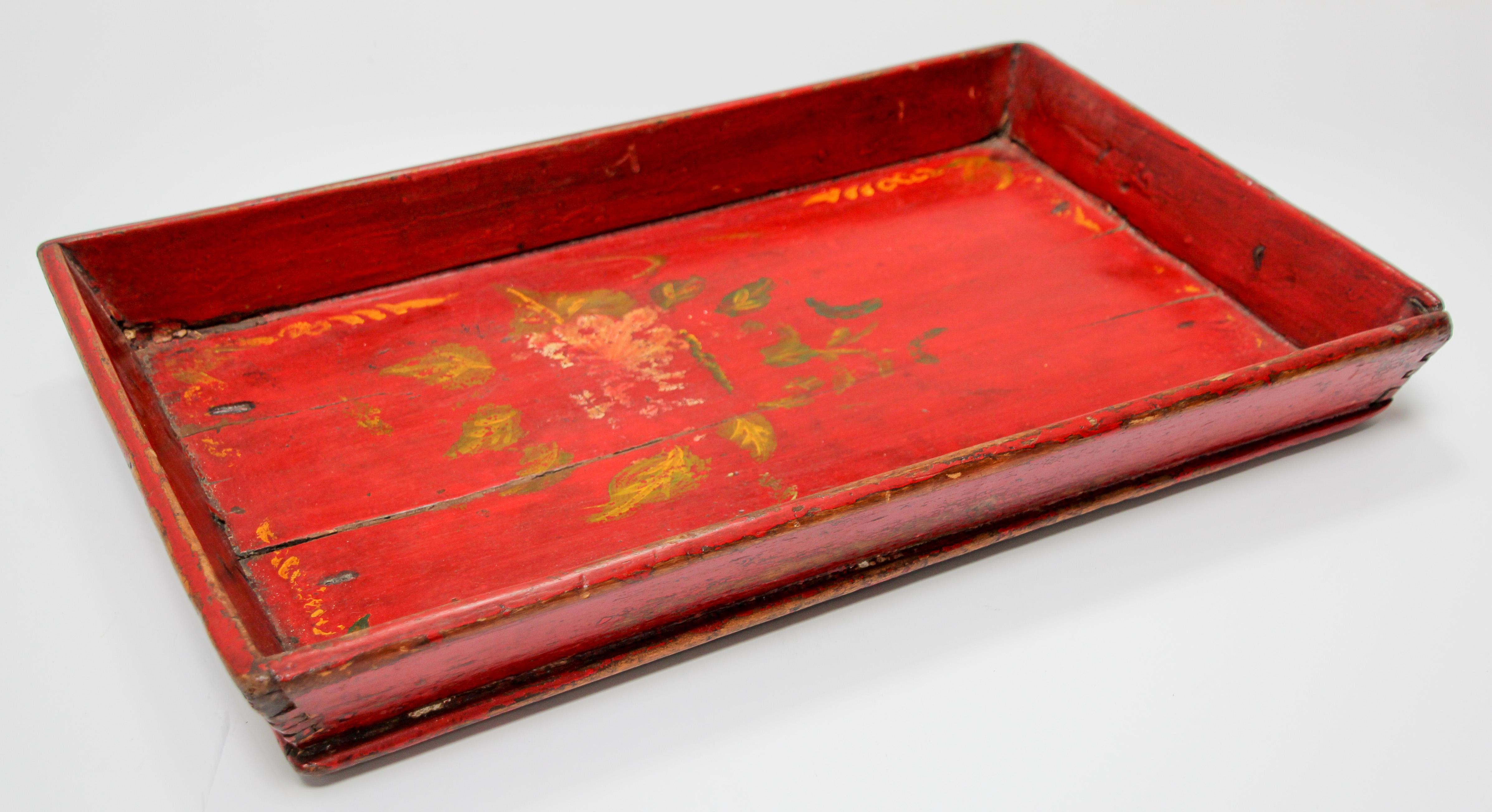 Chinoiserie Red Chinese Antique Hand Painted Wood Serving Tray For Sale