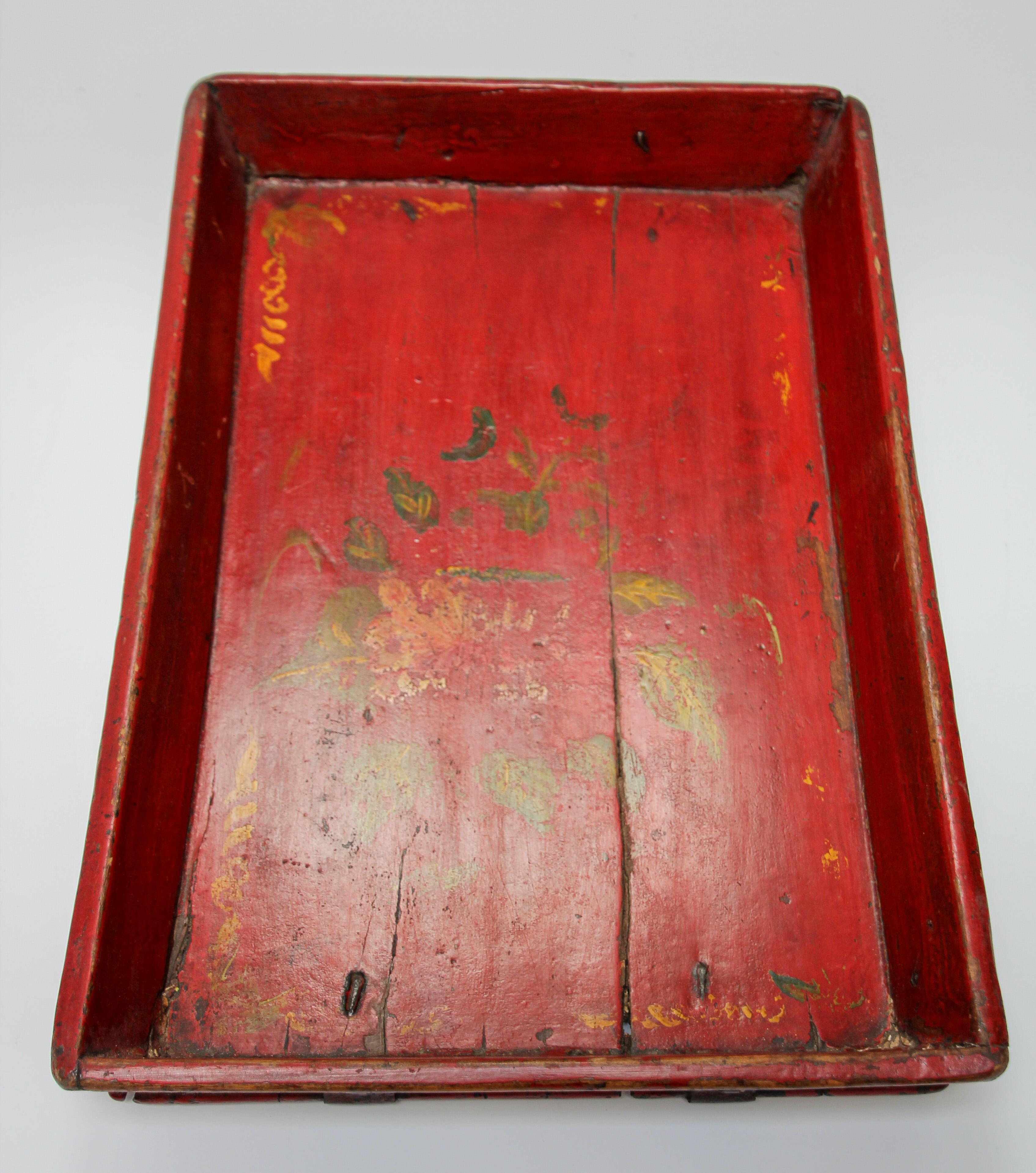 Hand-Crafted Red Chinese Antique Hand Painted Wood Serving Tray For Sale