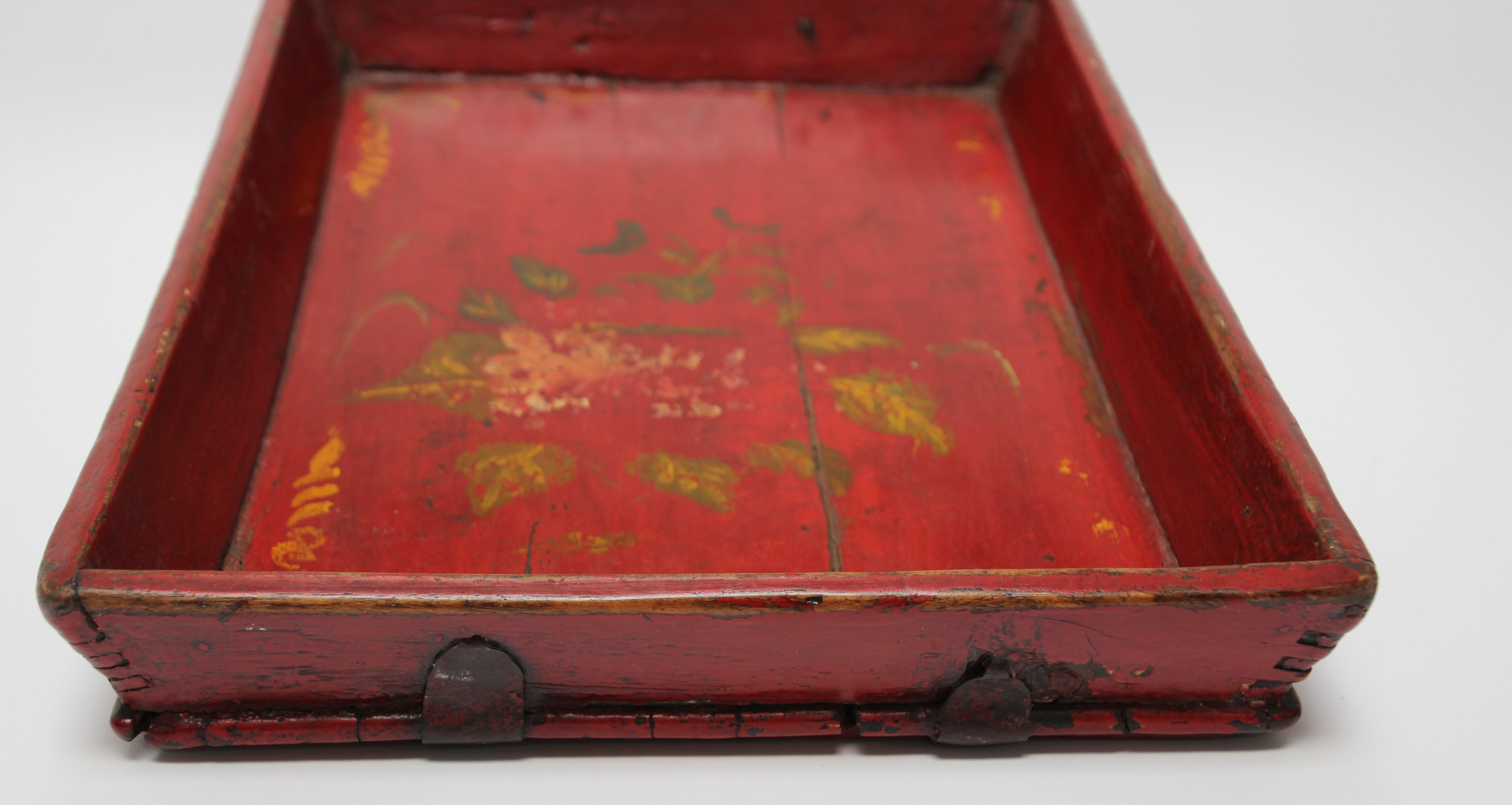 19th Century Red Chinese Antique Hand Painted Wood Serving Tray For Sale