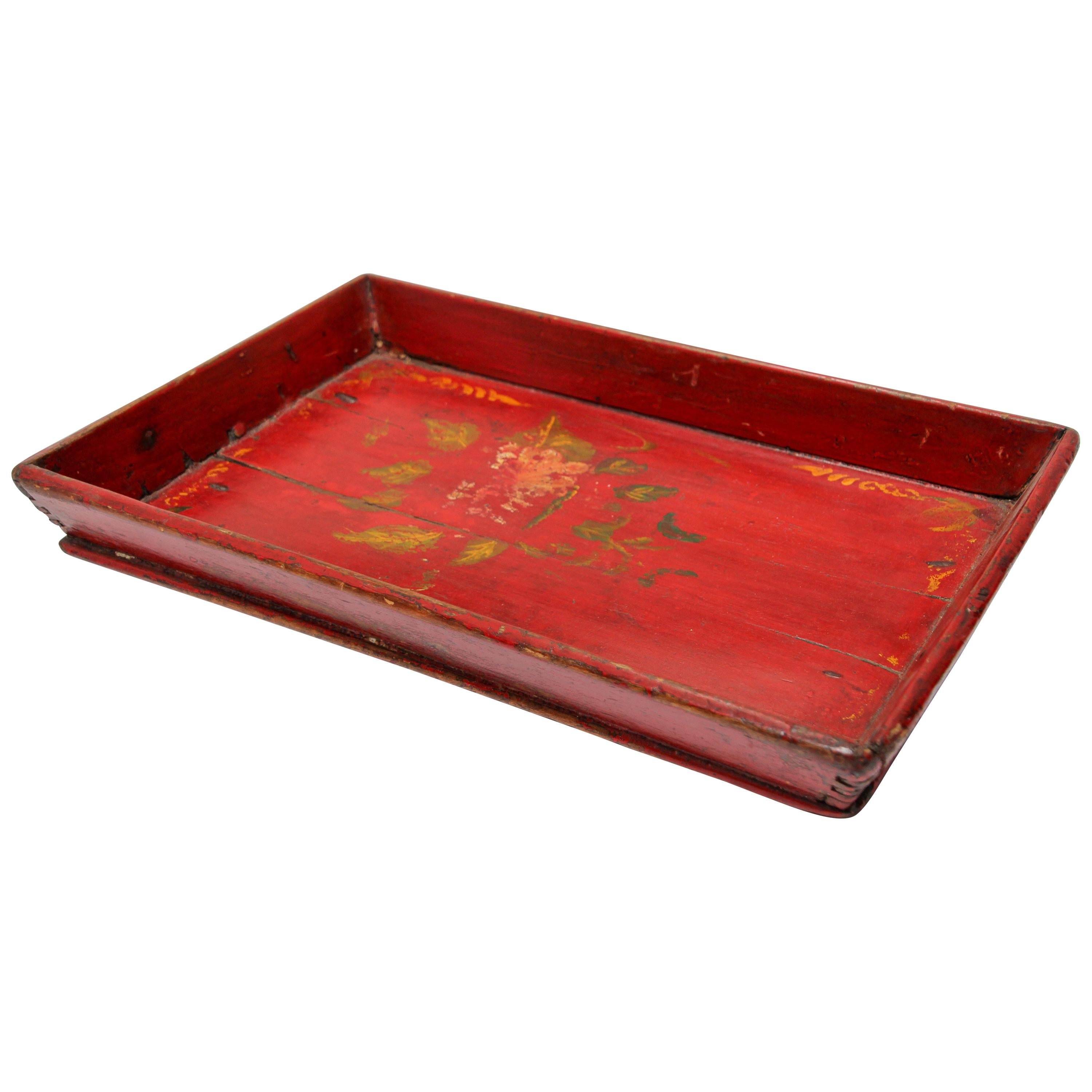 Plateau de service chinois ancien en bois rouge peint à la main