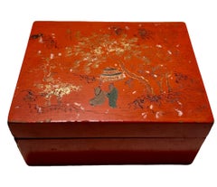 Red Chinese Garden Scene Lacquer Box